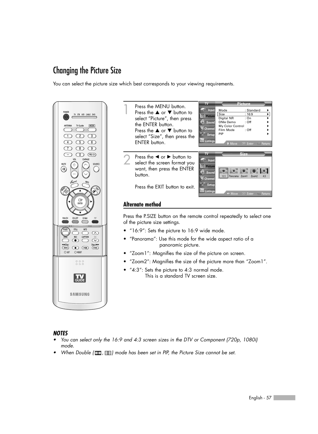 Samsung HL-R5688W manual Changing the Picture Size, Alternate method 