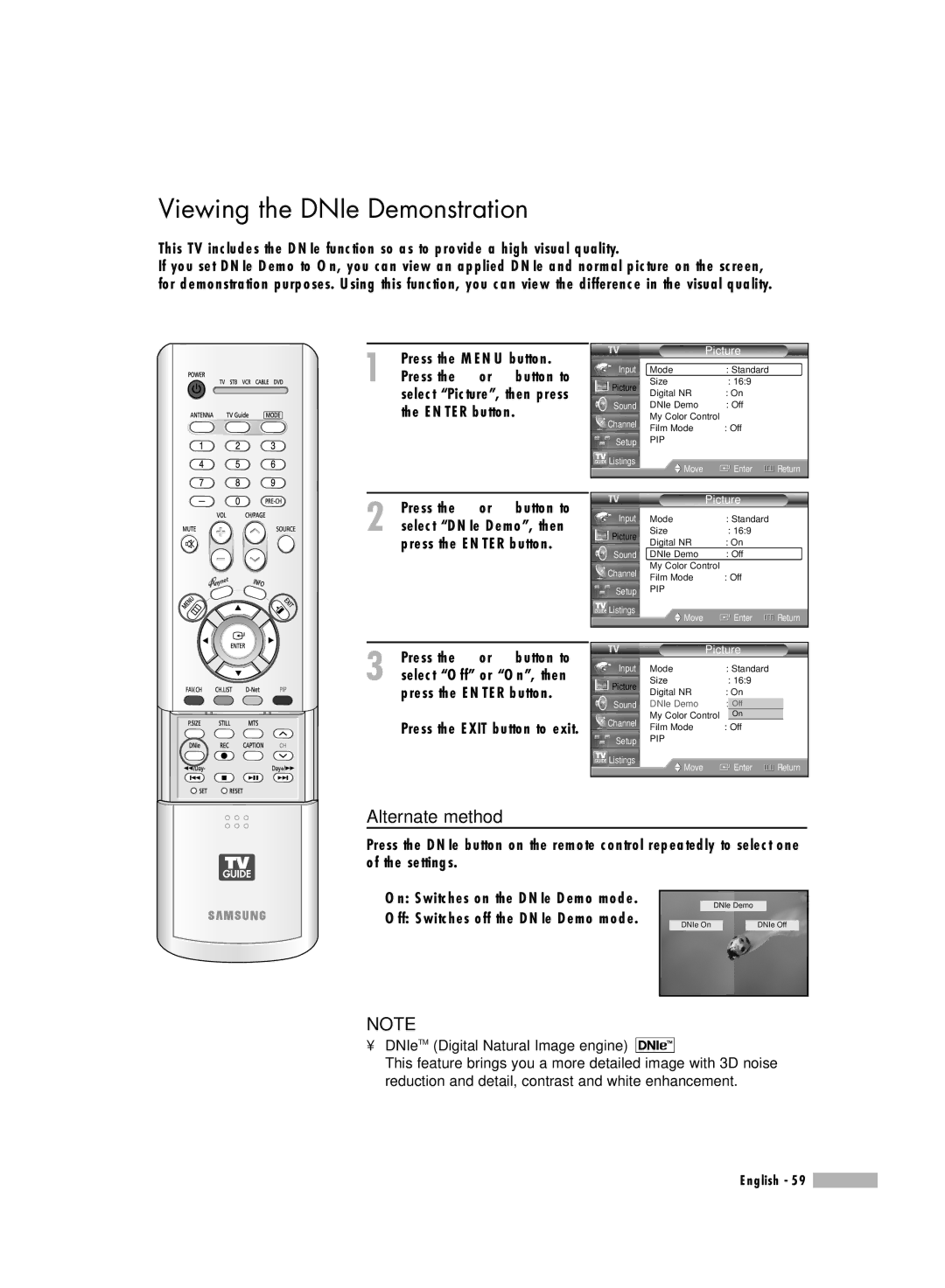 Samsung HL-R5688W manual Viewing the DNIe Demonstration, DNIeTM Digital Natural Image engine 