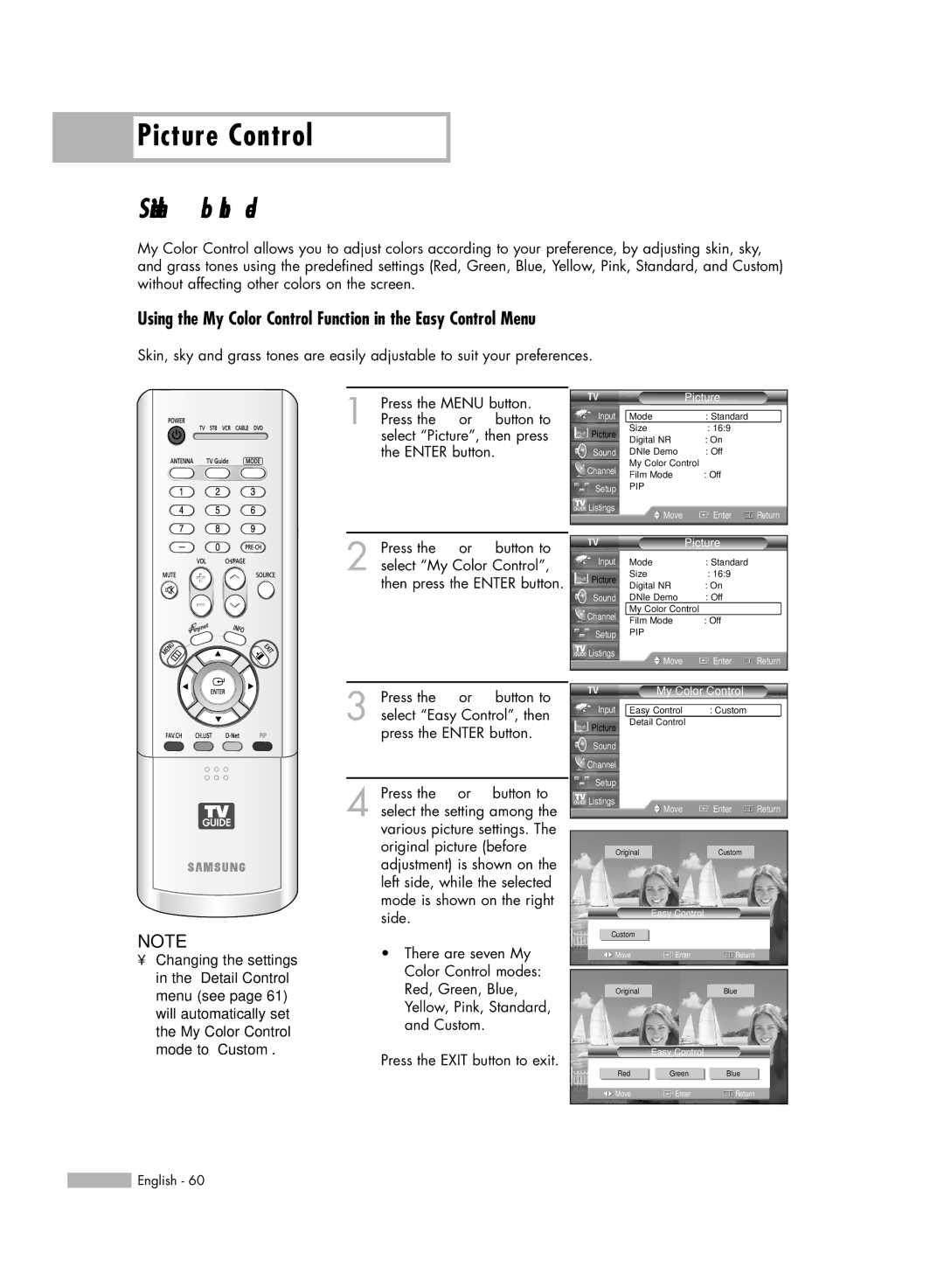 Samsung HL-R5688W manual Setting the My Color Control Mode, Using the My Color Control Function in the Easy Control Menu 