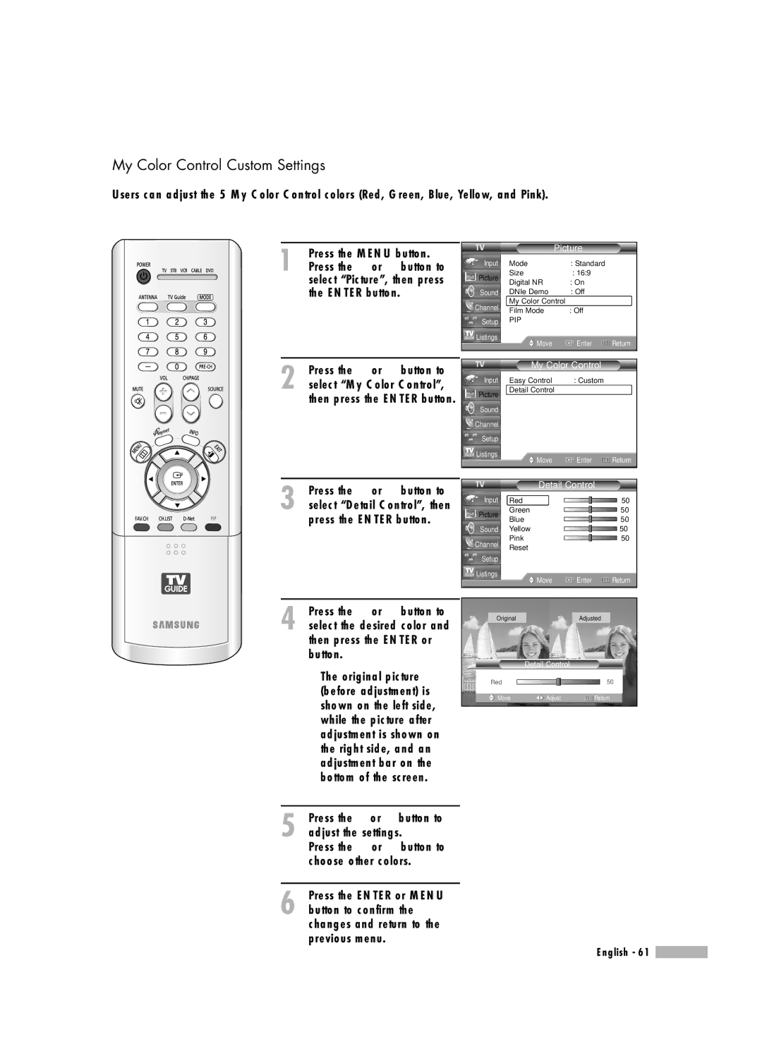 Samsung HL-R5688W manual My Color Control Custom Settings, Detail Control 