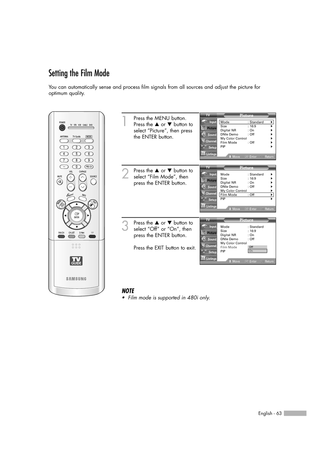 Samsung HL-R5688W manual Setting the Film Mode 