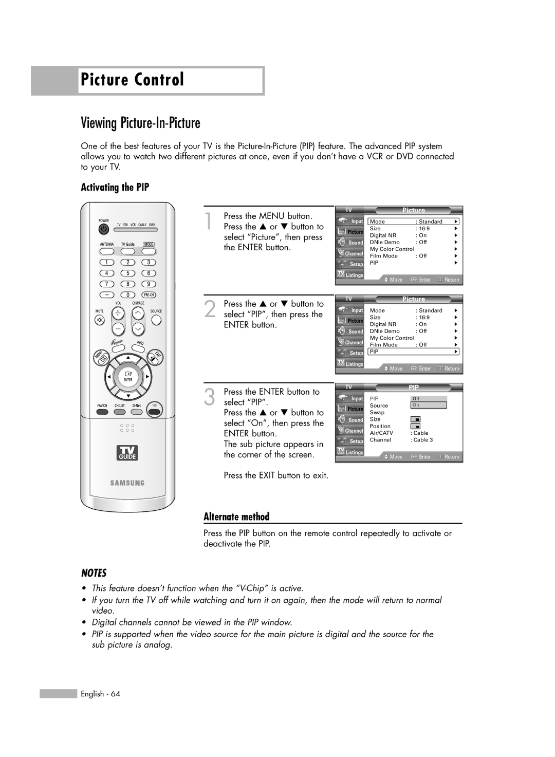 Samsung HL-R5688W manual Viewing Picture-In-Picture, Activating the PIP 