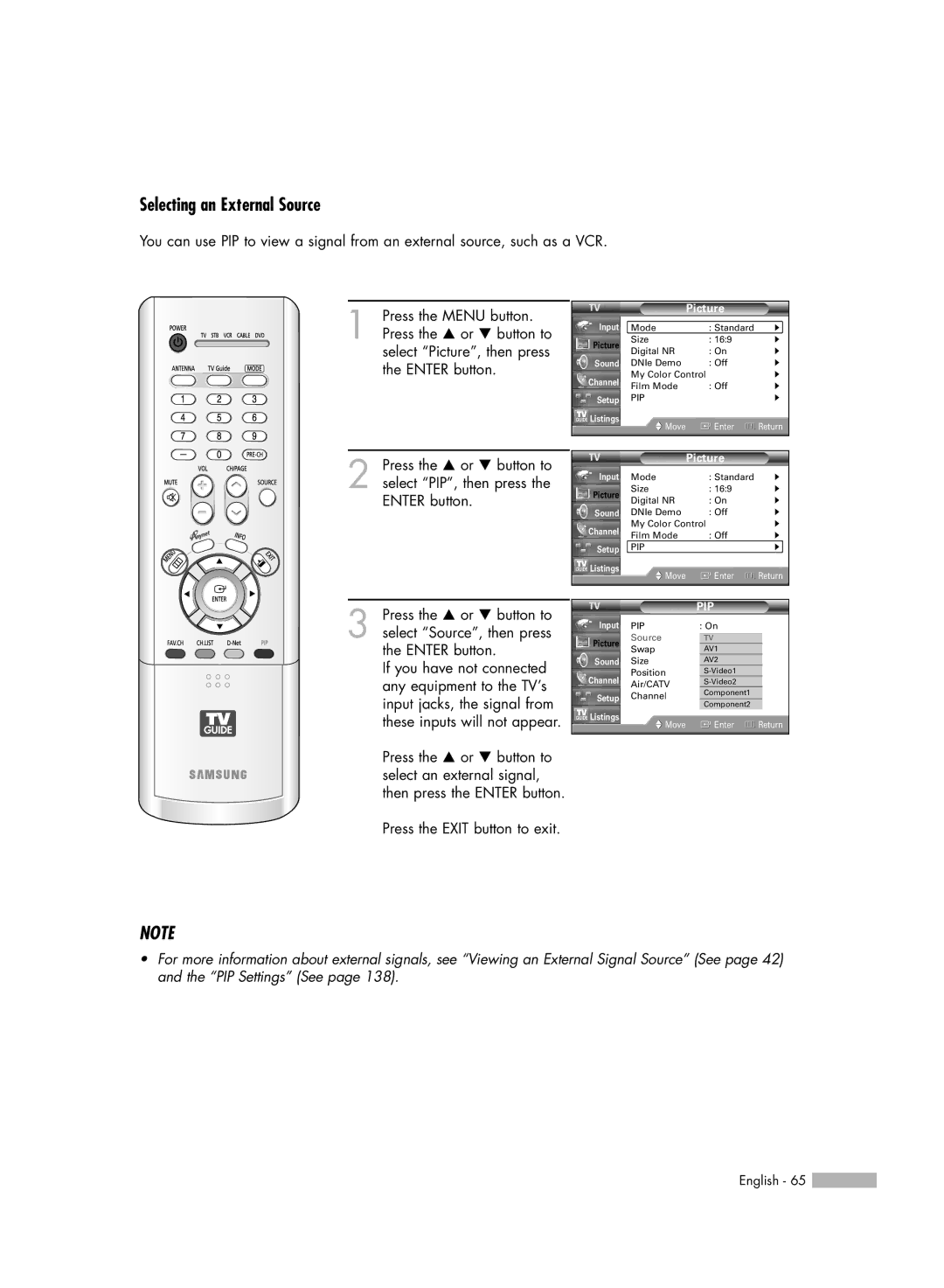 Samsung HL-R5688W manual Selecting an External Source, Pip 