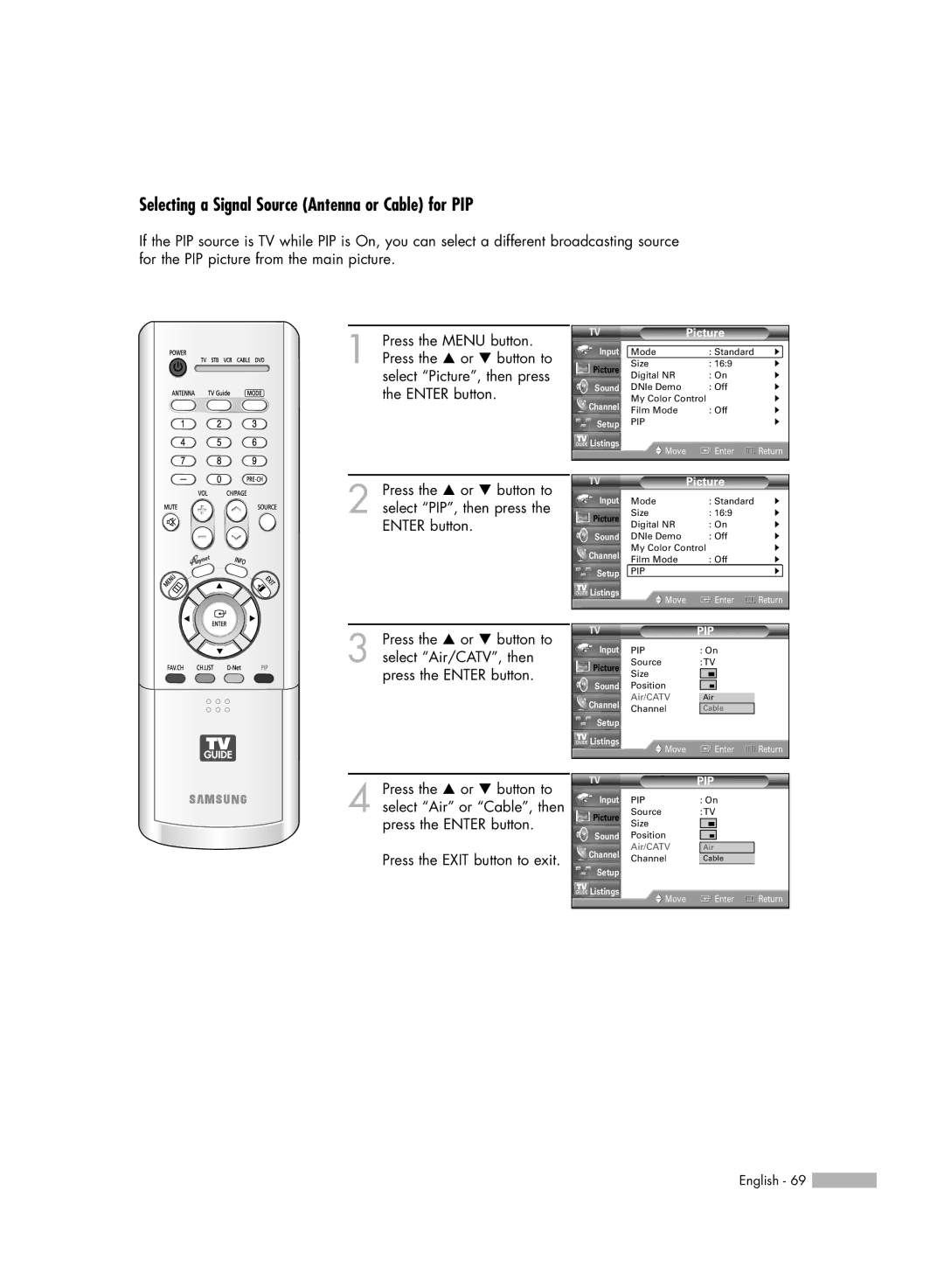 Samsung HL-R5688W manual Selecting a Signal Source Antenna or Cable for PIP 