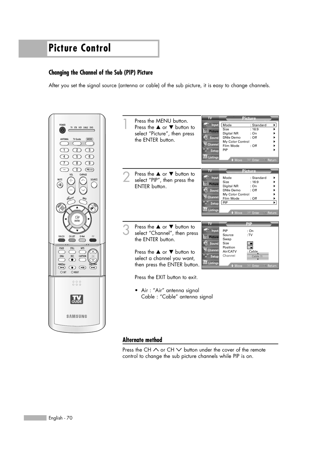 Samsung HL-R5688W manual Changing the Channel of the Sub PIP Picture, Alternate method 