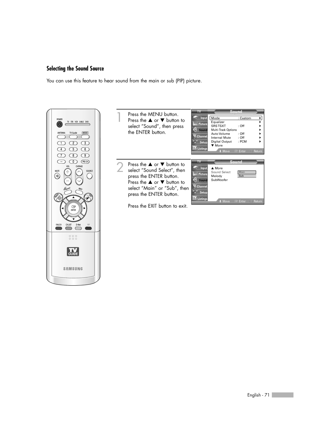 Samsung HL-R5688W manual Selecting the Sound Source 