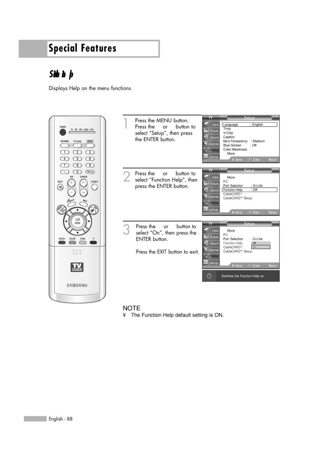 Samsung HL-R5688W manual Special Features, Setting the Function Help 