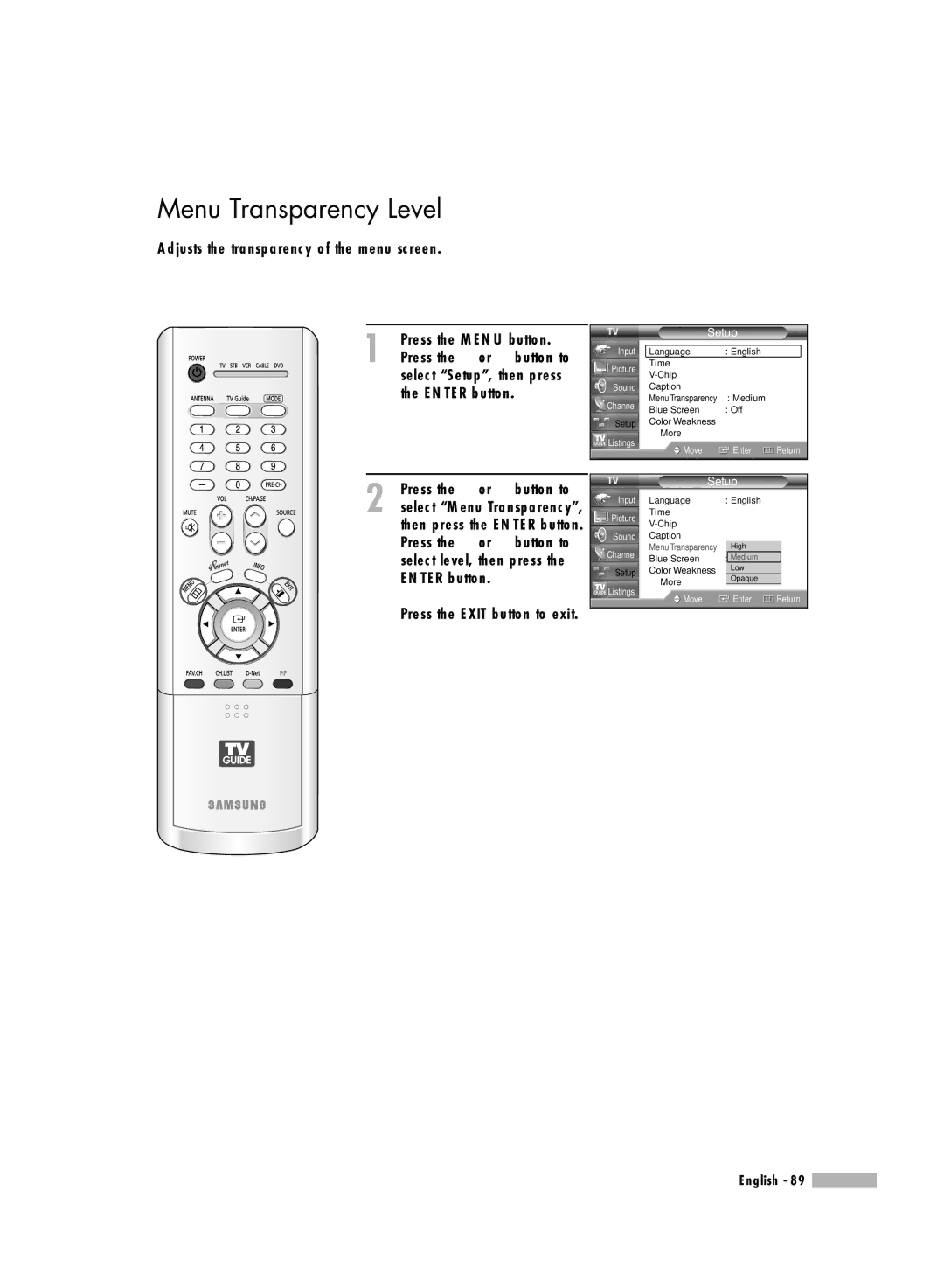 Samsung HL-R5688W manual Menu Transparency Level 