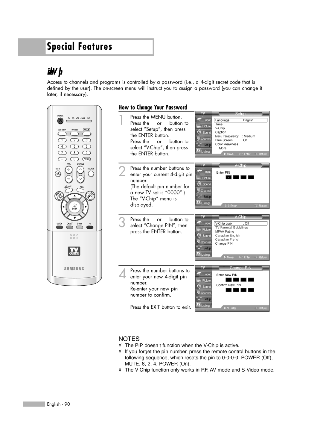 Samsung HL-R5688W manual Using the V-Chip, How to Change Your Password 