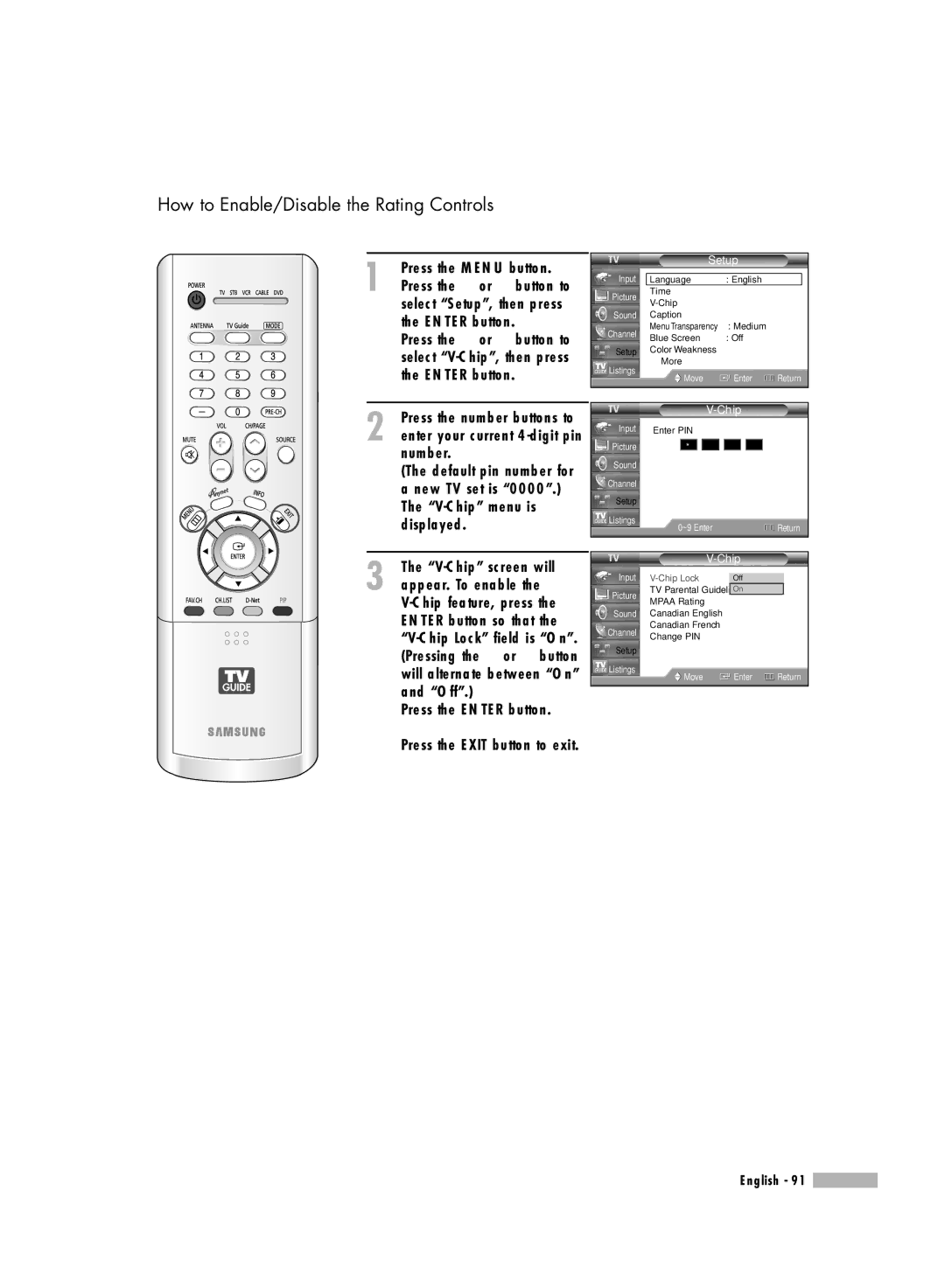 Samsung HL-R5688W manual How to Enable/Disable the Rating Controls 