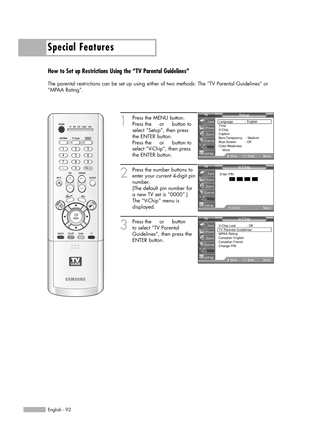 Samsung HL-R5688W manual How to Set up Restrictions Using the TV Parental Guidelines 