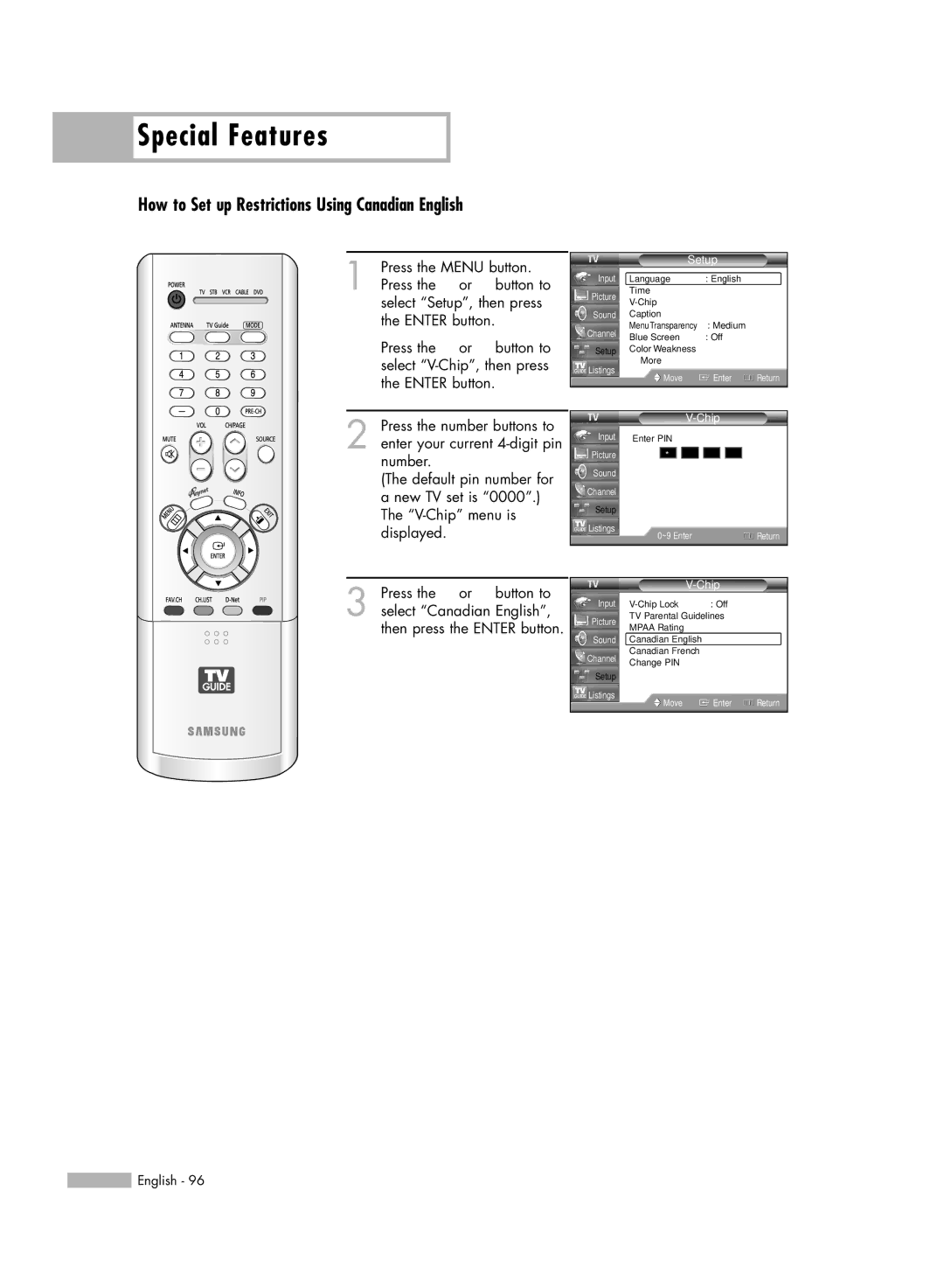 Samsung HL-R5688W manual How to Set up Restrictions Using Canadian English 