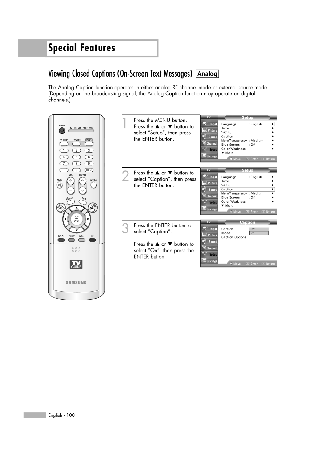 Samsung HL-R5688W manual Special Features, Analog, Viewing Closed Captions On-Screen Text Messages 