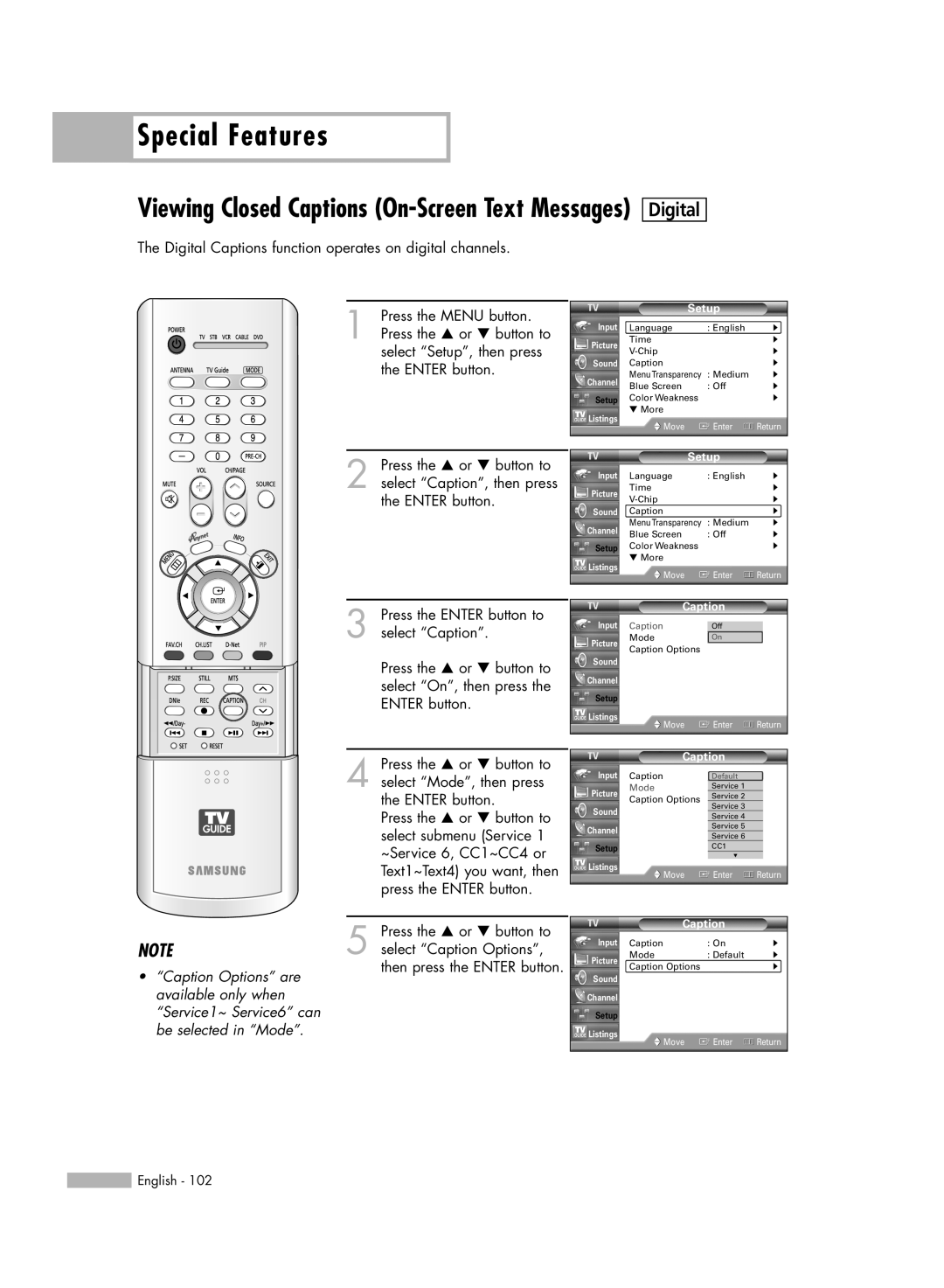 Samsung HL-R5688W manual Special Features, Viewing Closed Captions On-Screen Text Messages, Digital, Default On 