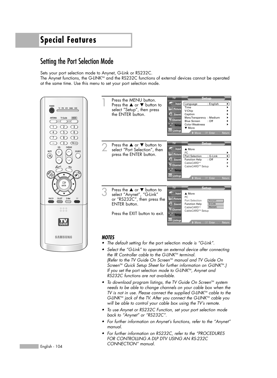 Samsung HL-R5688W manual Setting the Port Selection Mode, Special Features 