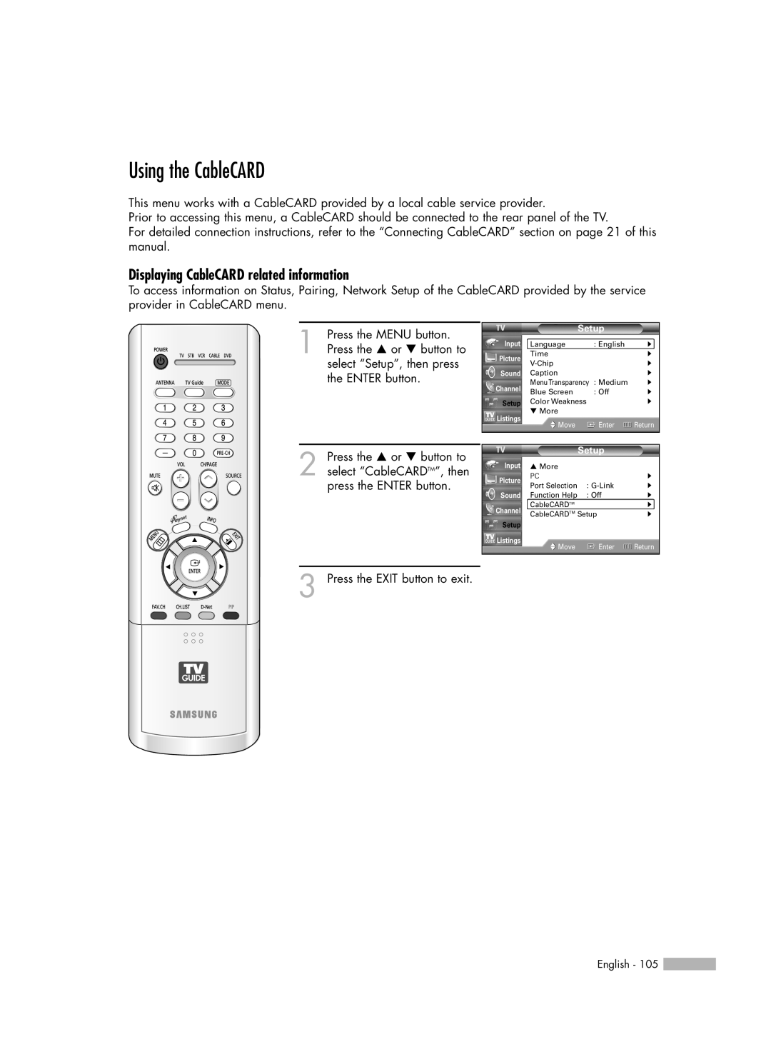 Samsung HL-R5688W manual Using the CableCARD, Displaying CableCARD related information 