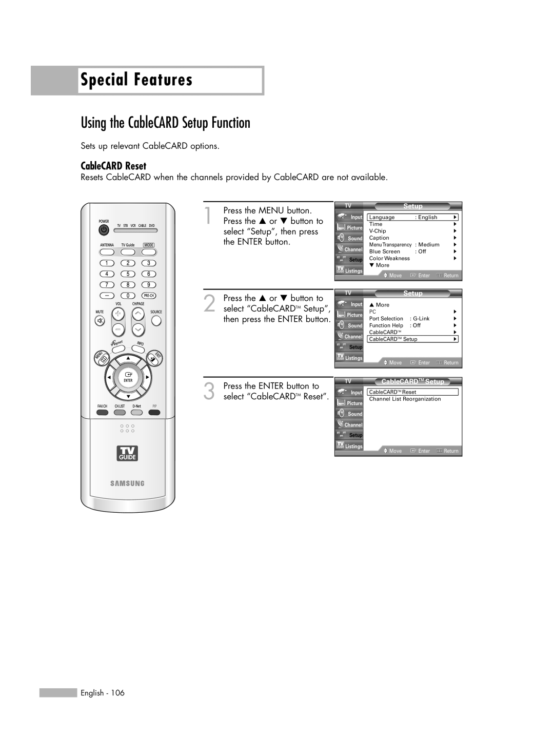 Samsung HL-R5688W manual Using the CableCARD Setup Function, CableCARD Reset, Special Features 