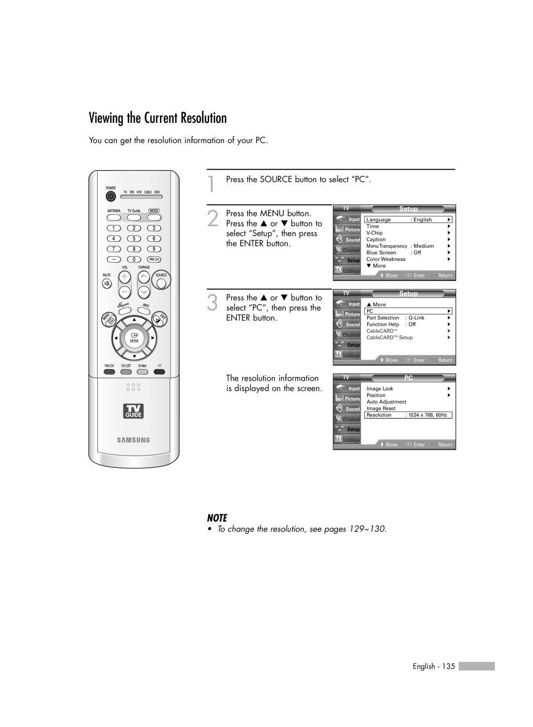 Samsung HL-R5688W manual Viewing the Current Resolution, To change the resolution, see pages 129~130 