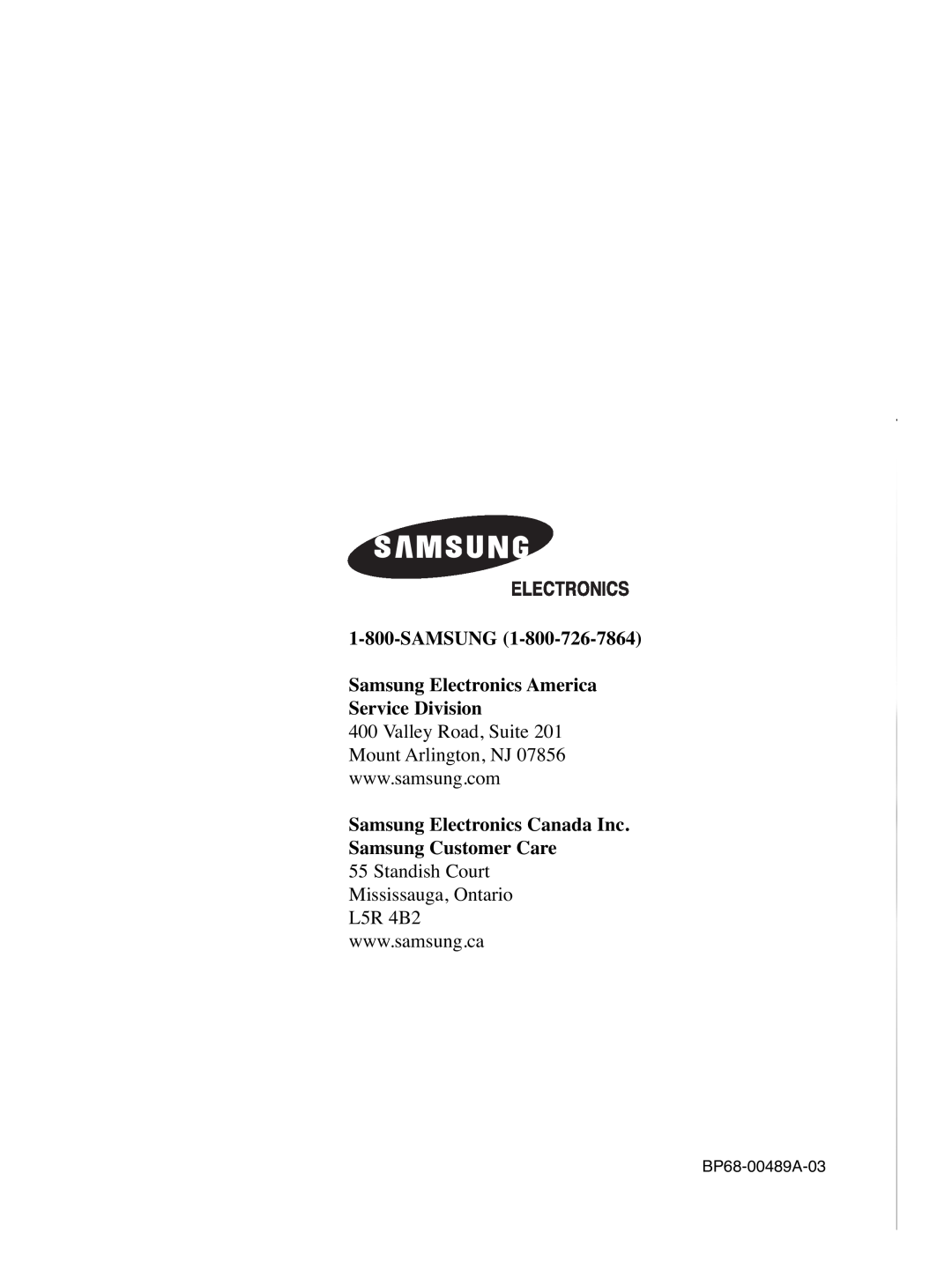 Samsung HL-R5688W manual SAMSUNG Samsung Electronics America Service Division, BP68-00489A-03 