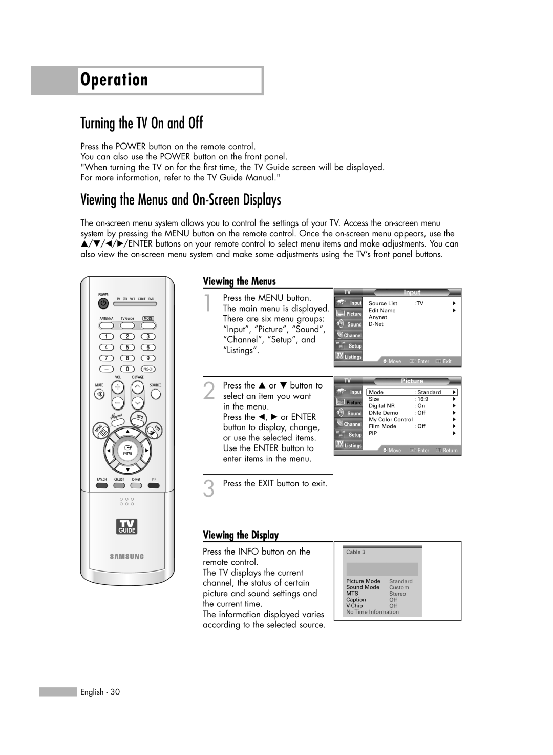 Samsung HL-R5688W Operation, Turning the TV On and Off, Viewing the Menus and On-Screen Displays, Viewing the Display 