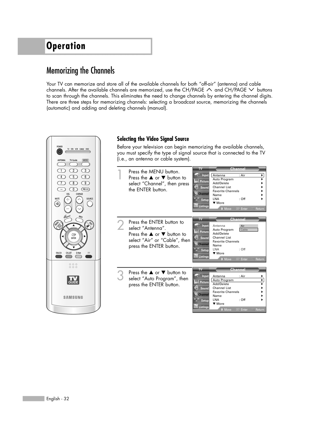 Samsung HL-R5688W manual Memorizing the Channels, Selecting the Video Signal Source, Operation 