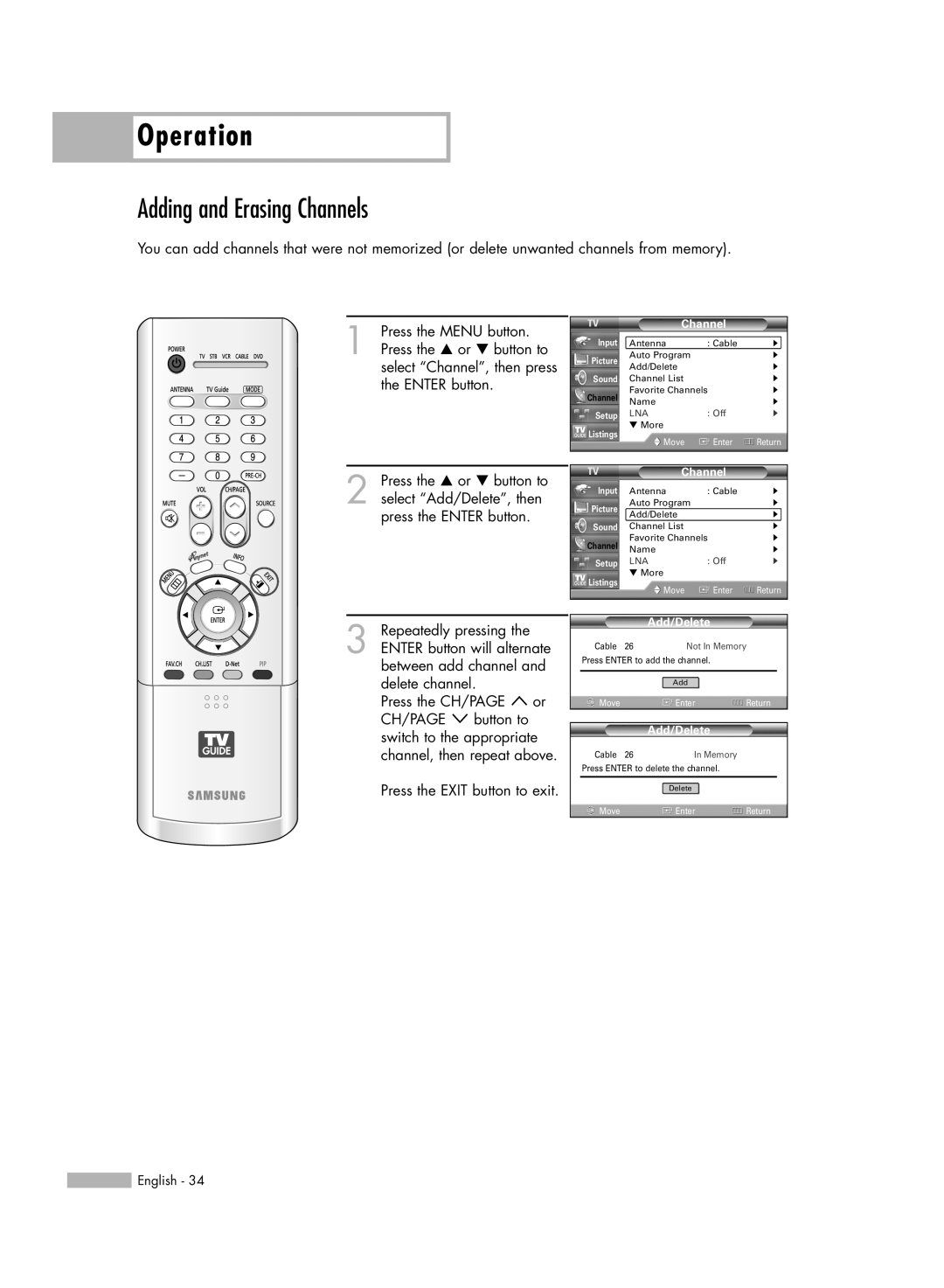 Samsung HL-R5688W manual Adding and Erasing Channels, Operation, Not In Memory 