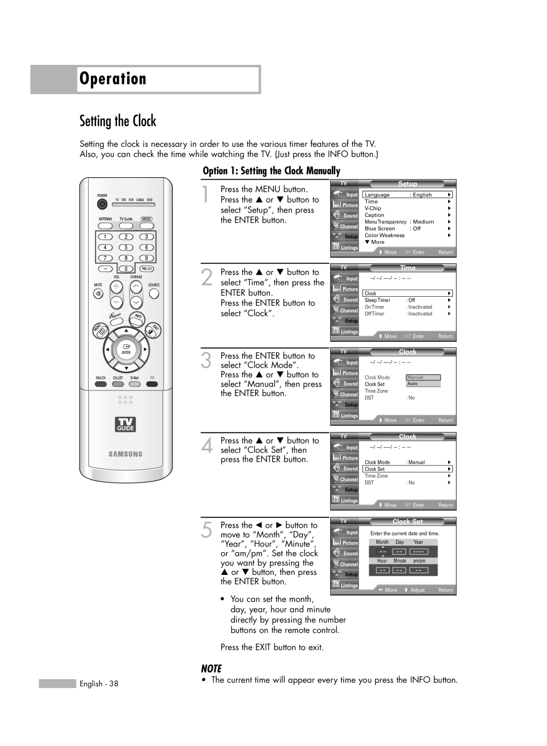 Samsung HL-R5688W manual Option 1 Setting the Clock Manually, Operation 