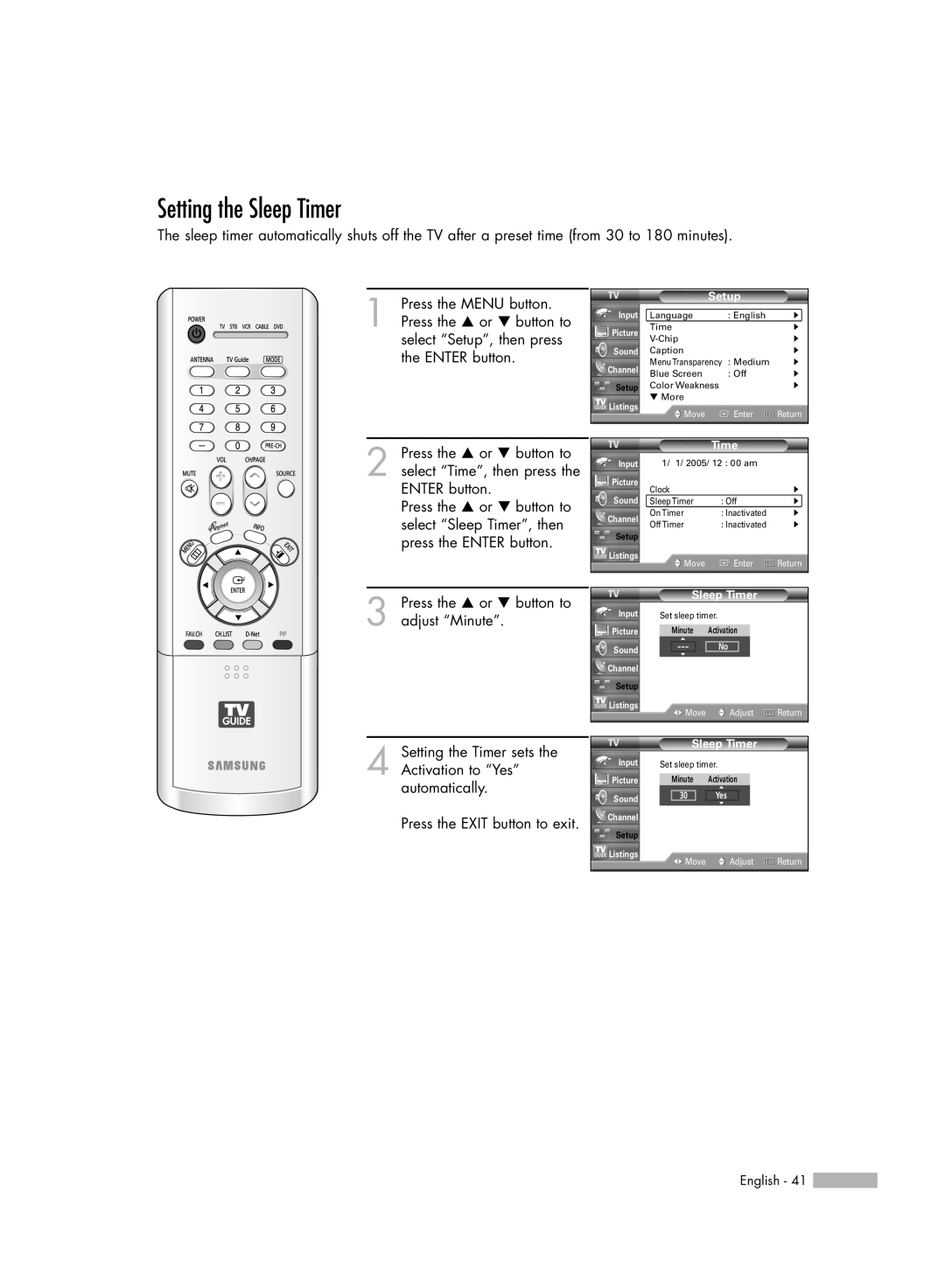 Samsung HL-R5688W manual Setting the Sleep Timer, Minute 