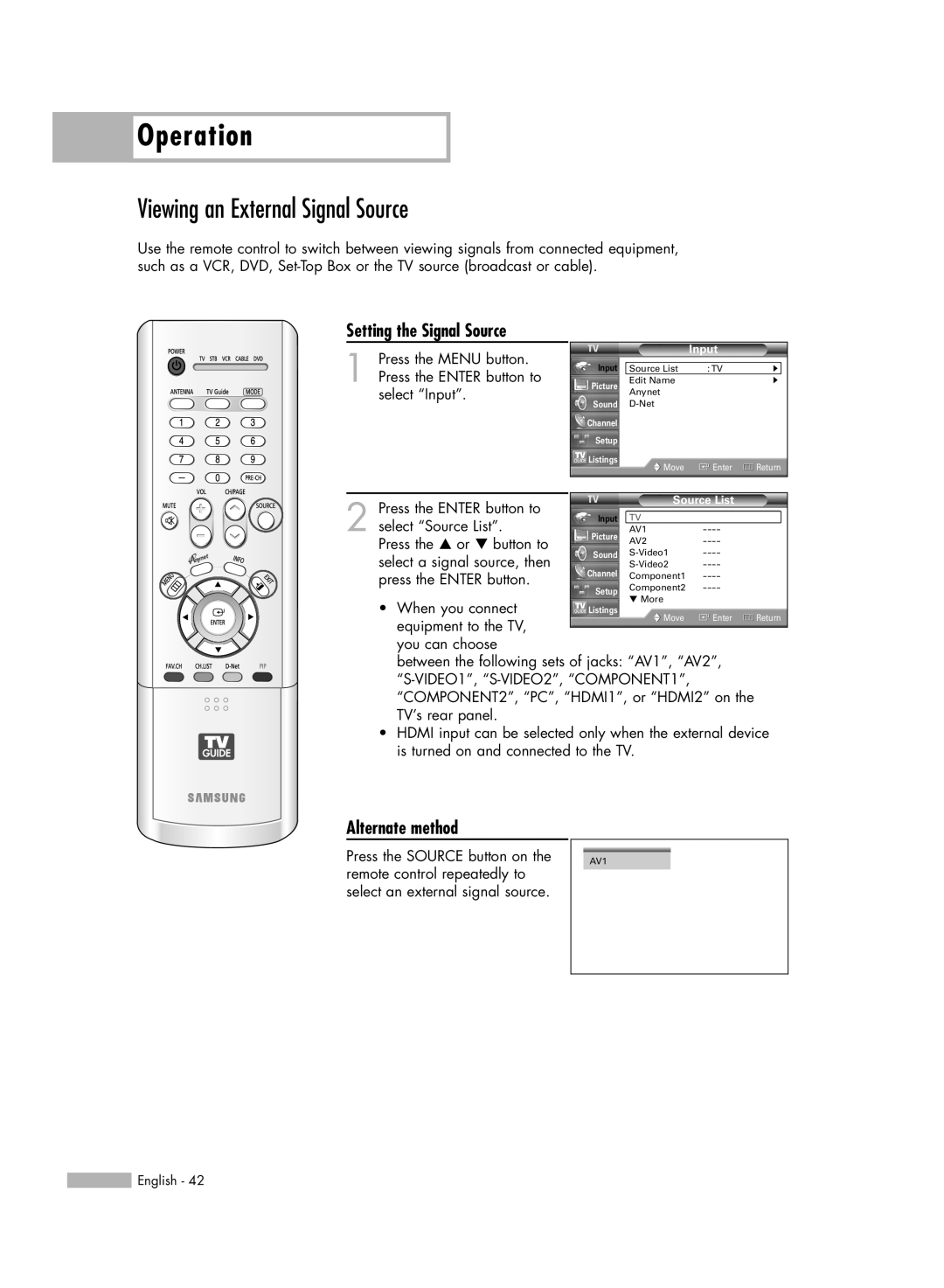 Samsung HL-R5688W manual Viewing an External Signal Source, Setting the Signal Source, Operation, Alternate method, Input 