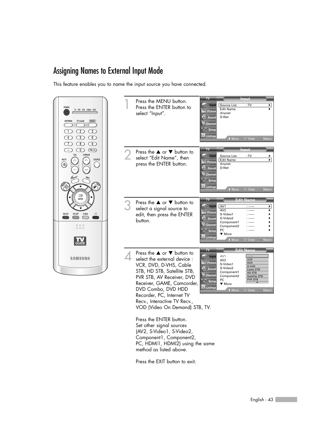 Samsung HL-R5688W manual Assigning Names to External Input Mode 