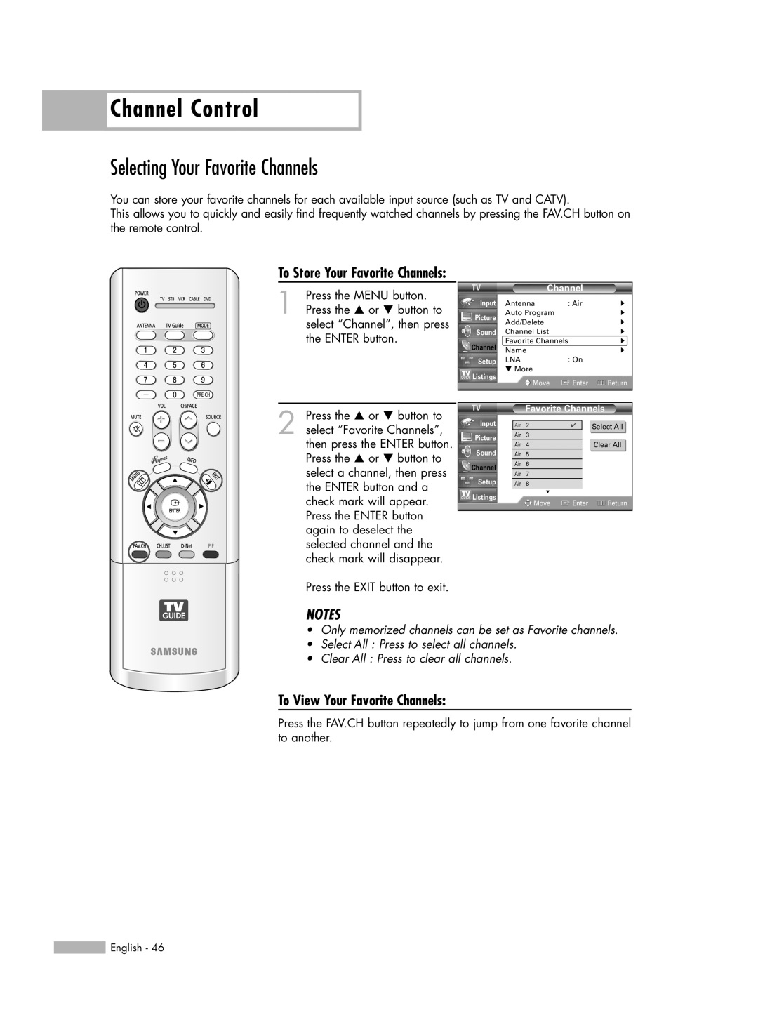 Samsung HL-R5688W manual Channel Control, Selecting Your Favorite Channels, To Store Your Favorite Channels 