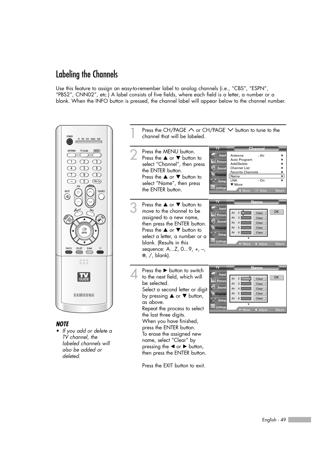 Samsung HL-R5688W manual Labeling the Channels, Name 