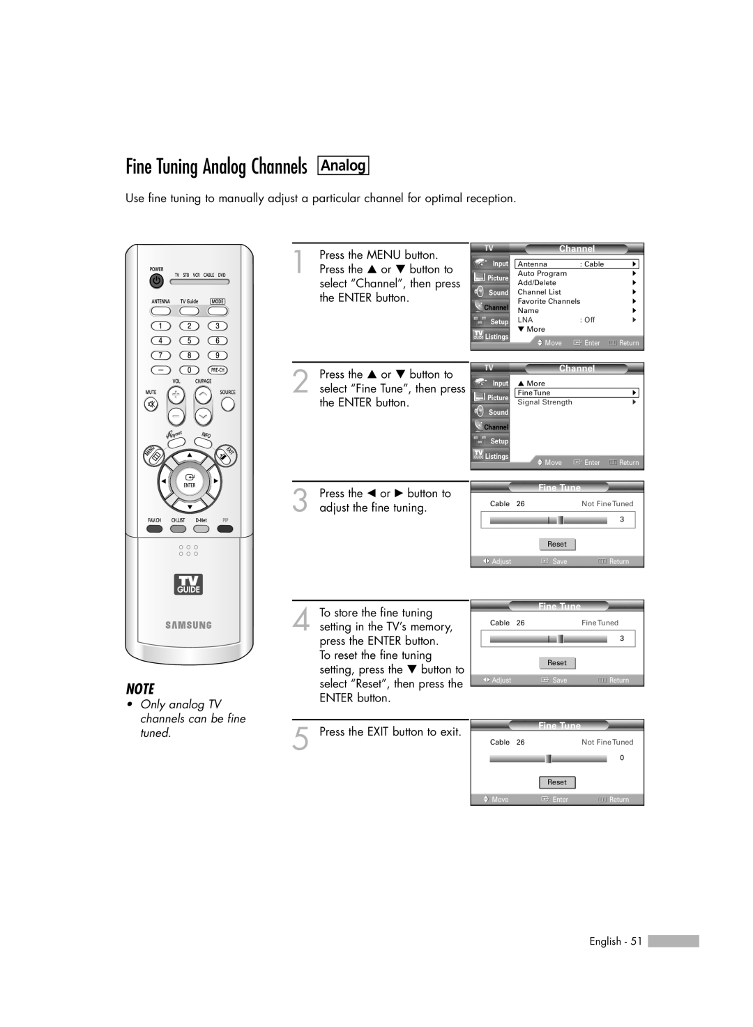 Samsung HL-R5688W manual Fine Tuning Analog Channels 