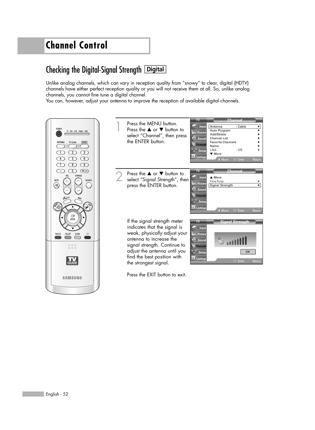Samsung HL-R5688W manual Checking the Digital-Signal Strength, Channel Control 