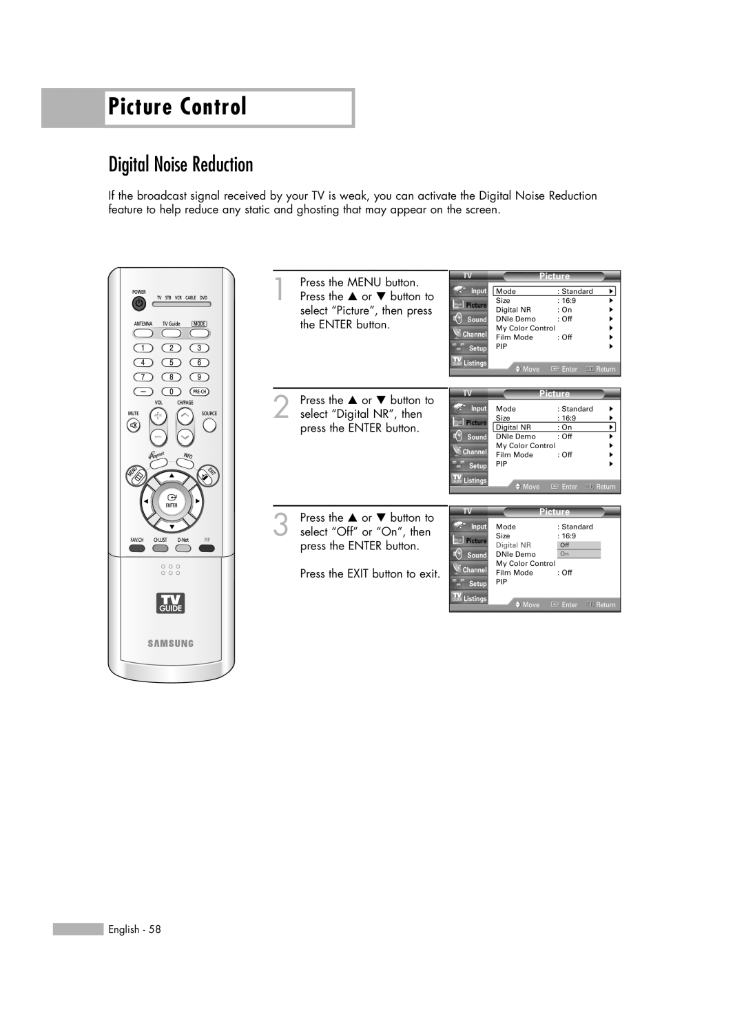 Samsung HL-R5688W manual Digital Noise Reduction, Picture Control, Digital NR 