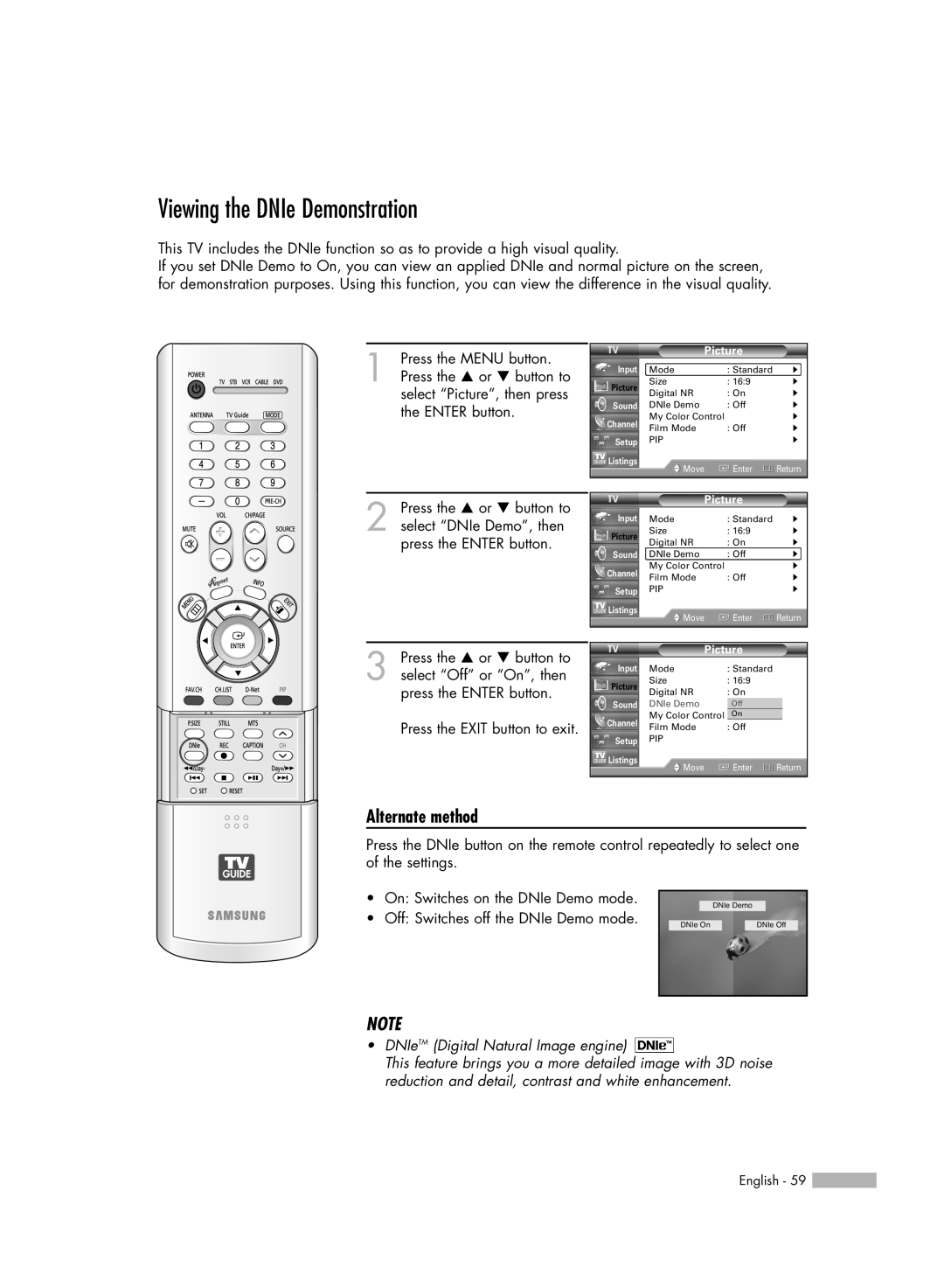 Samsung HL-R5688W manual Viewing the DNIe Demonstration, Alternate method, DNIeTM Digital Natural Image engine 