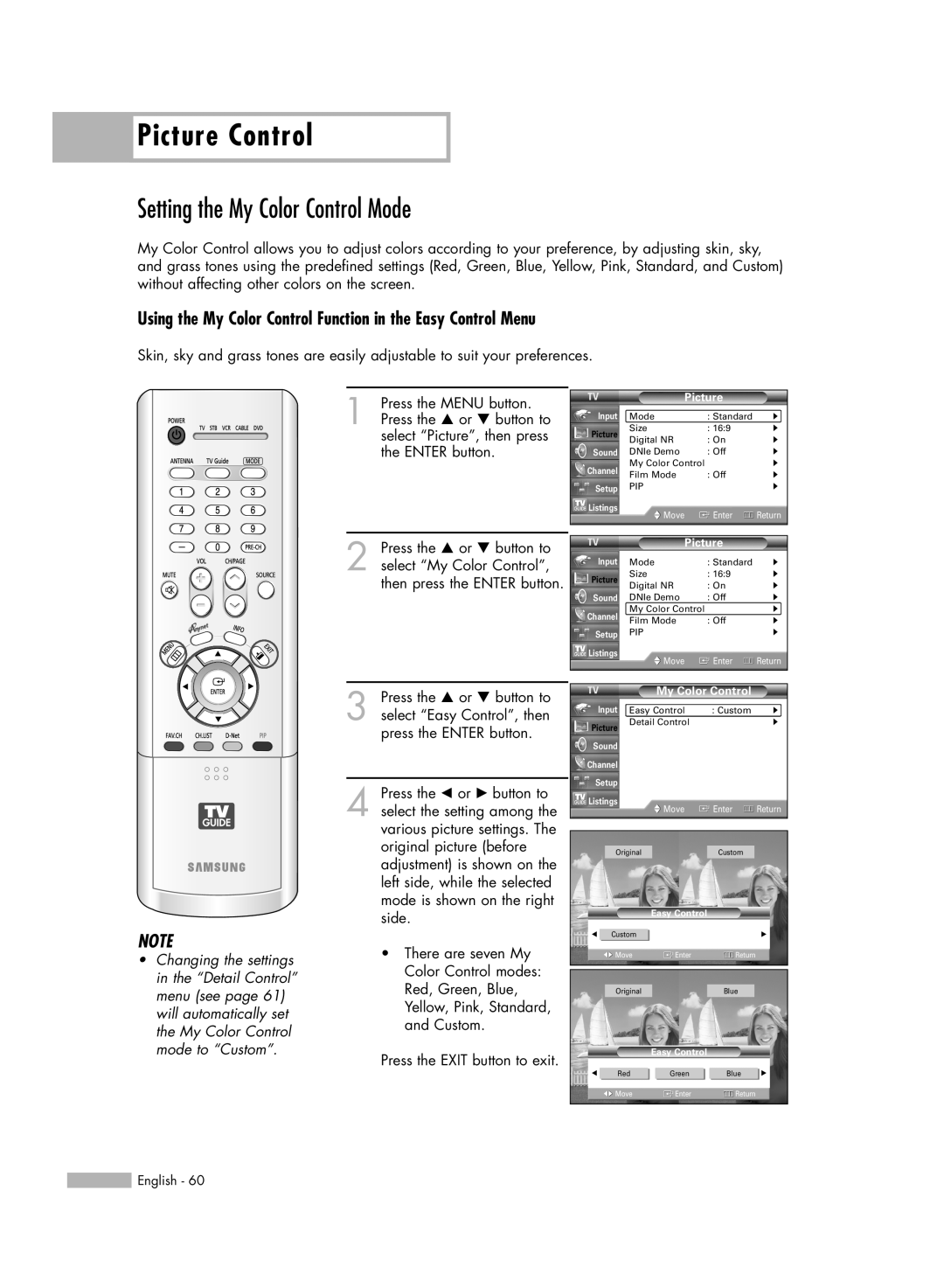Samsung HL-R5688W manual Setting the My Color Control Mode, Using the My Color Control Function in the Easy Control Menu 