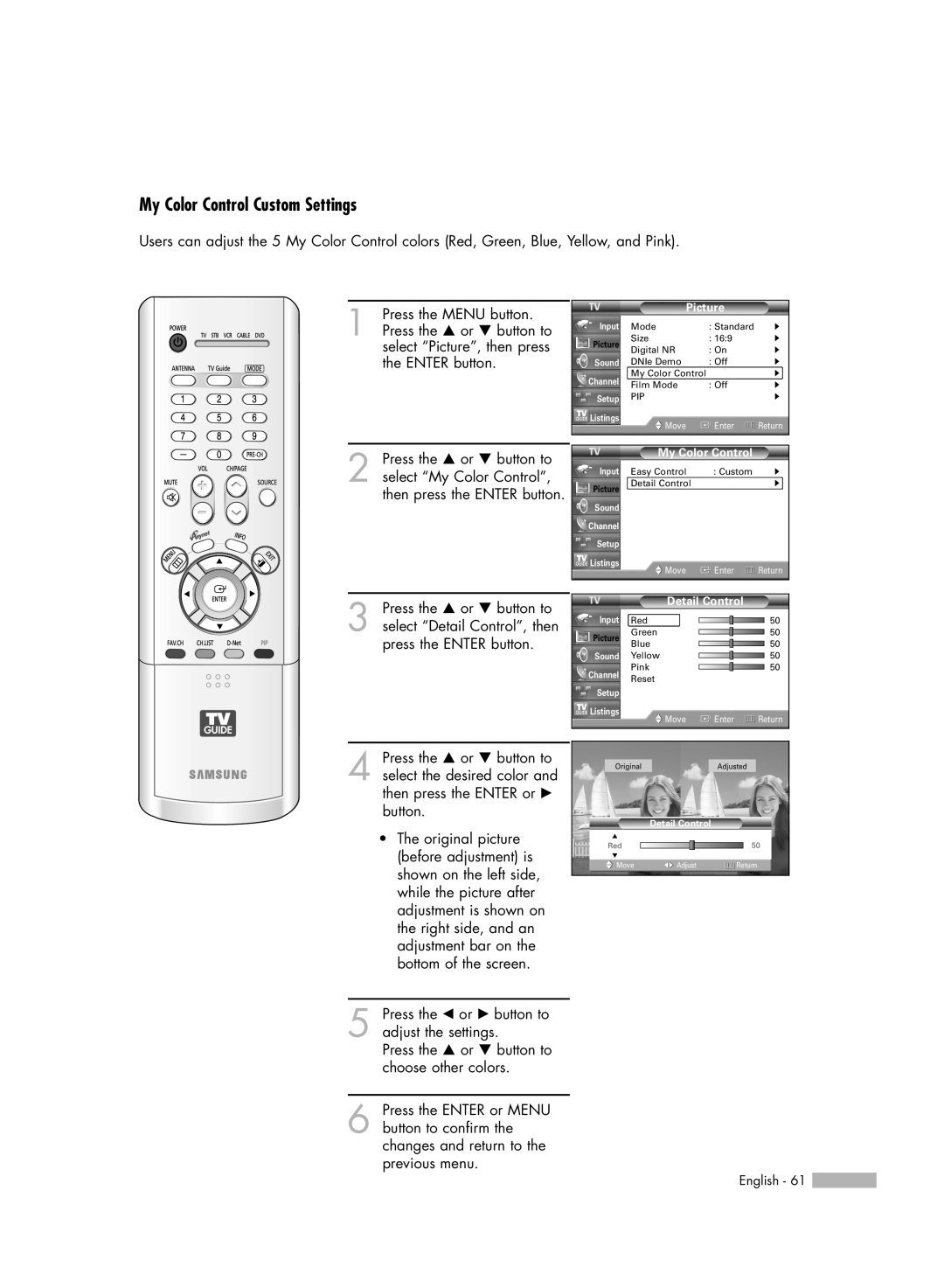 Samsung HL-R5688W manual My Color Control Custom Settings 