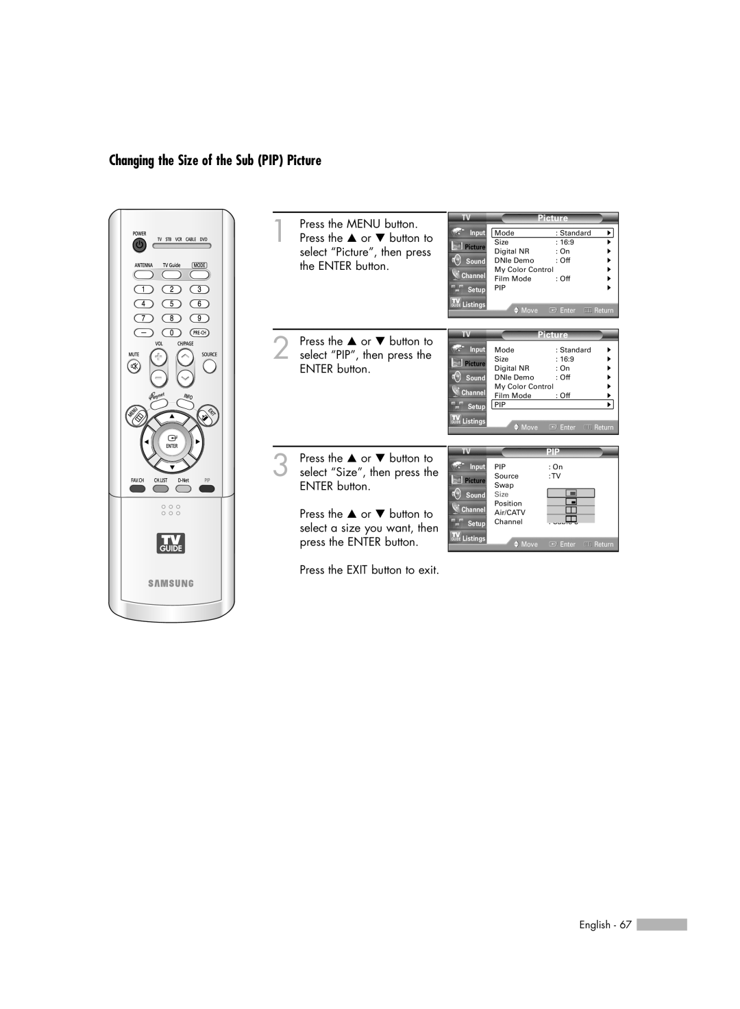 Samsung HL-R5688W manual Changing the Size of the Sub PIP Picture 