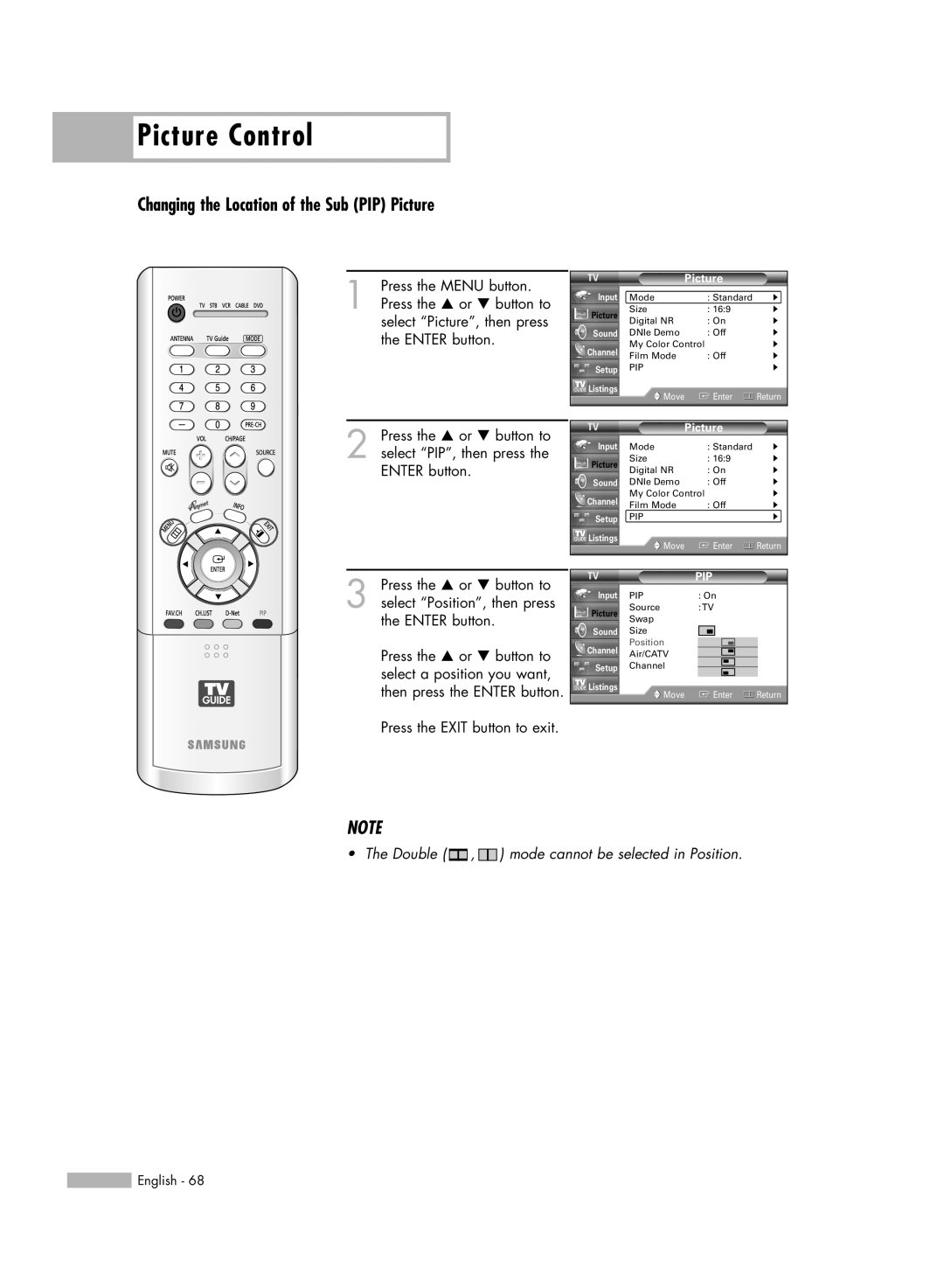Samsung HL-R5688W manual Changing the Location of the Sub PIP Picture, Picture Control 