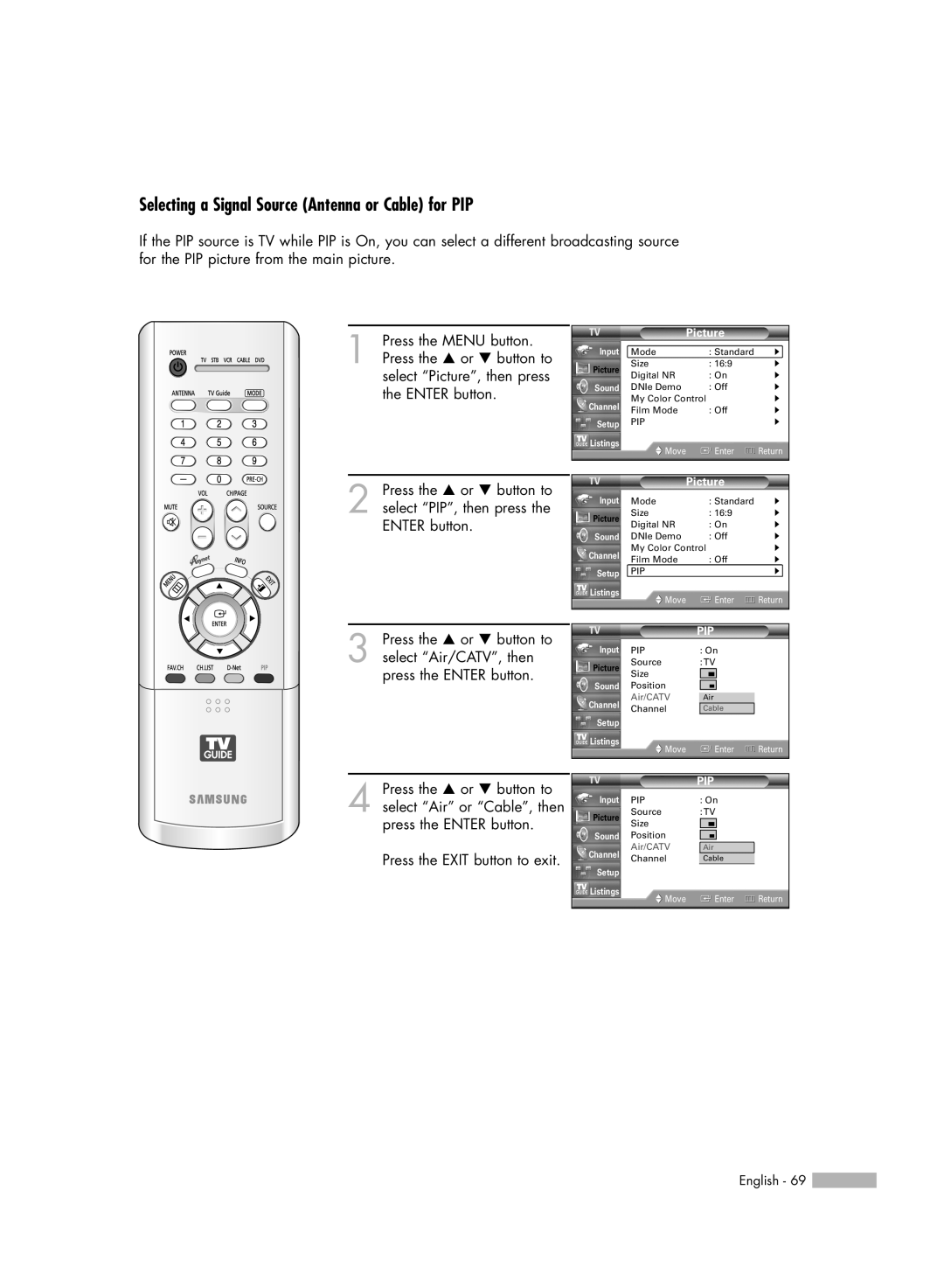 Samsung HL-R5688W manual Selecting a Signal Source Antenna or Cable for PIP 