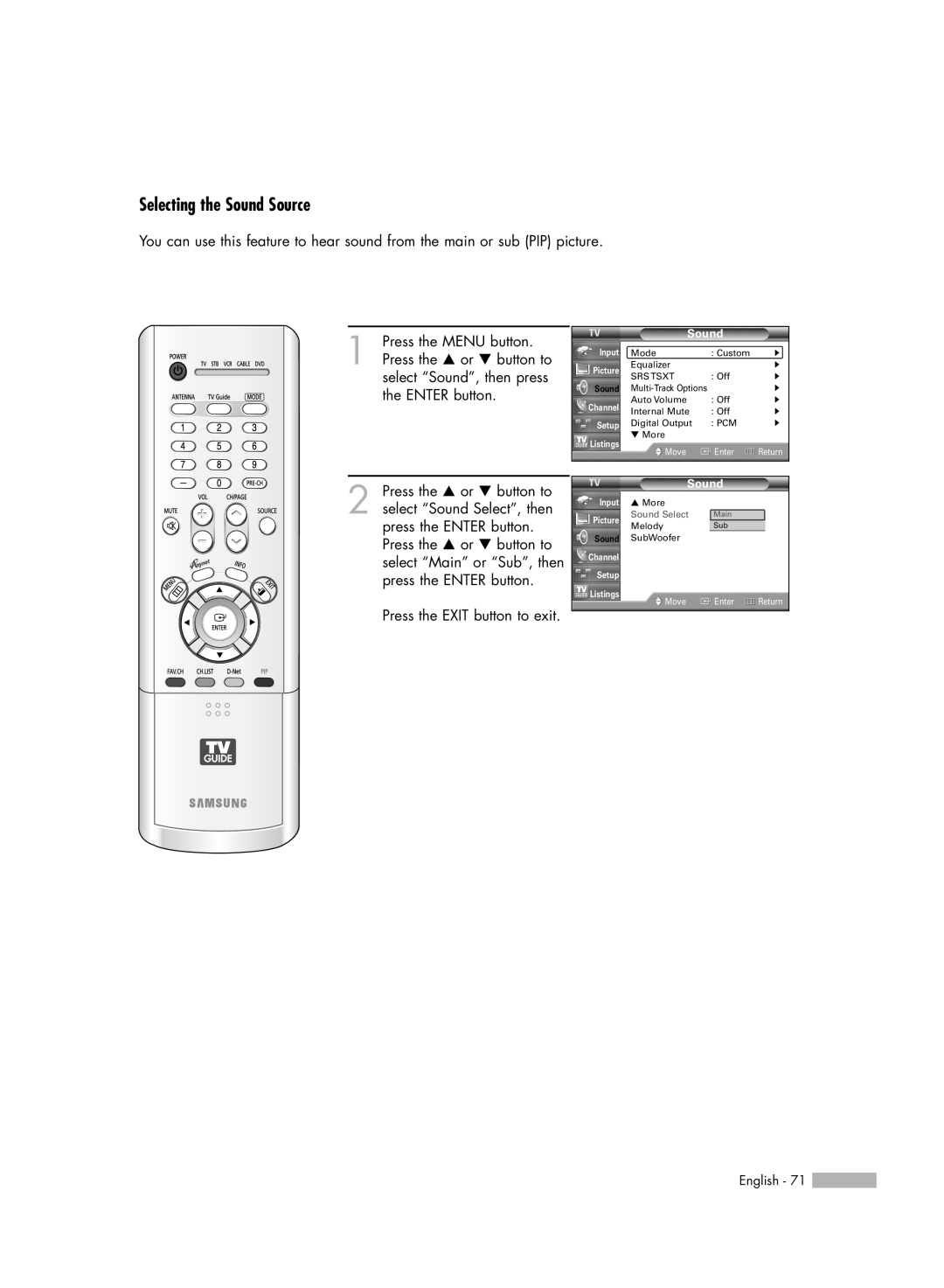 Samsung HL-R5688W manual Selecting the Sound Source, Sound Select 