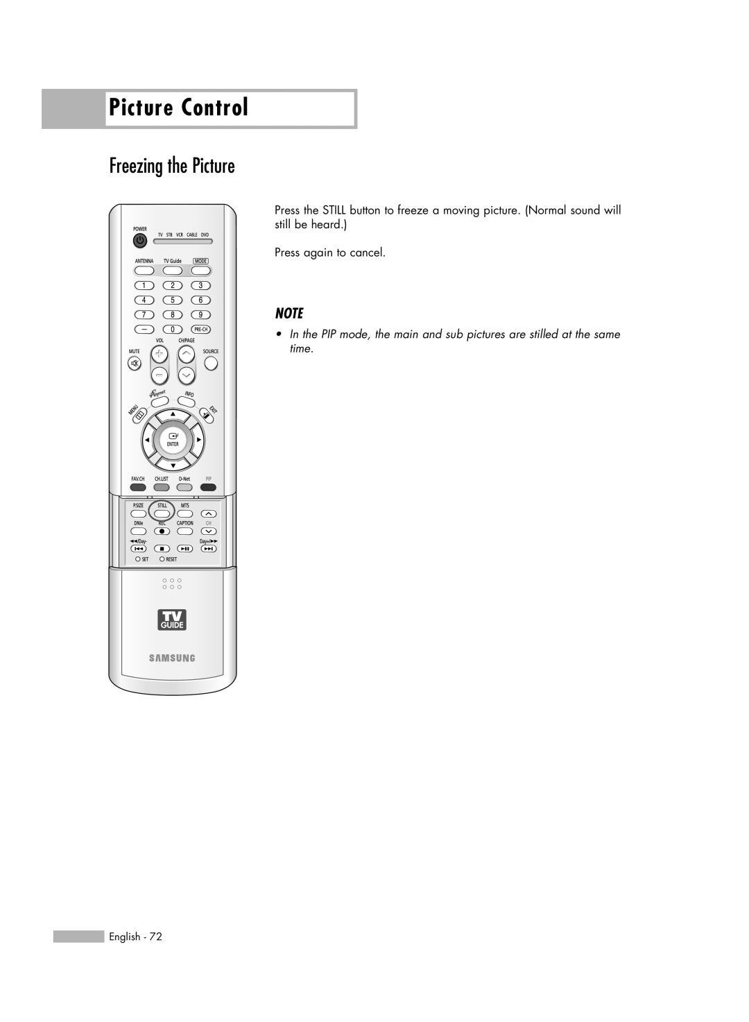Samsung HL-R5688W manual Freezing the Picture, Picture Control, Press again to cancel 