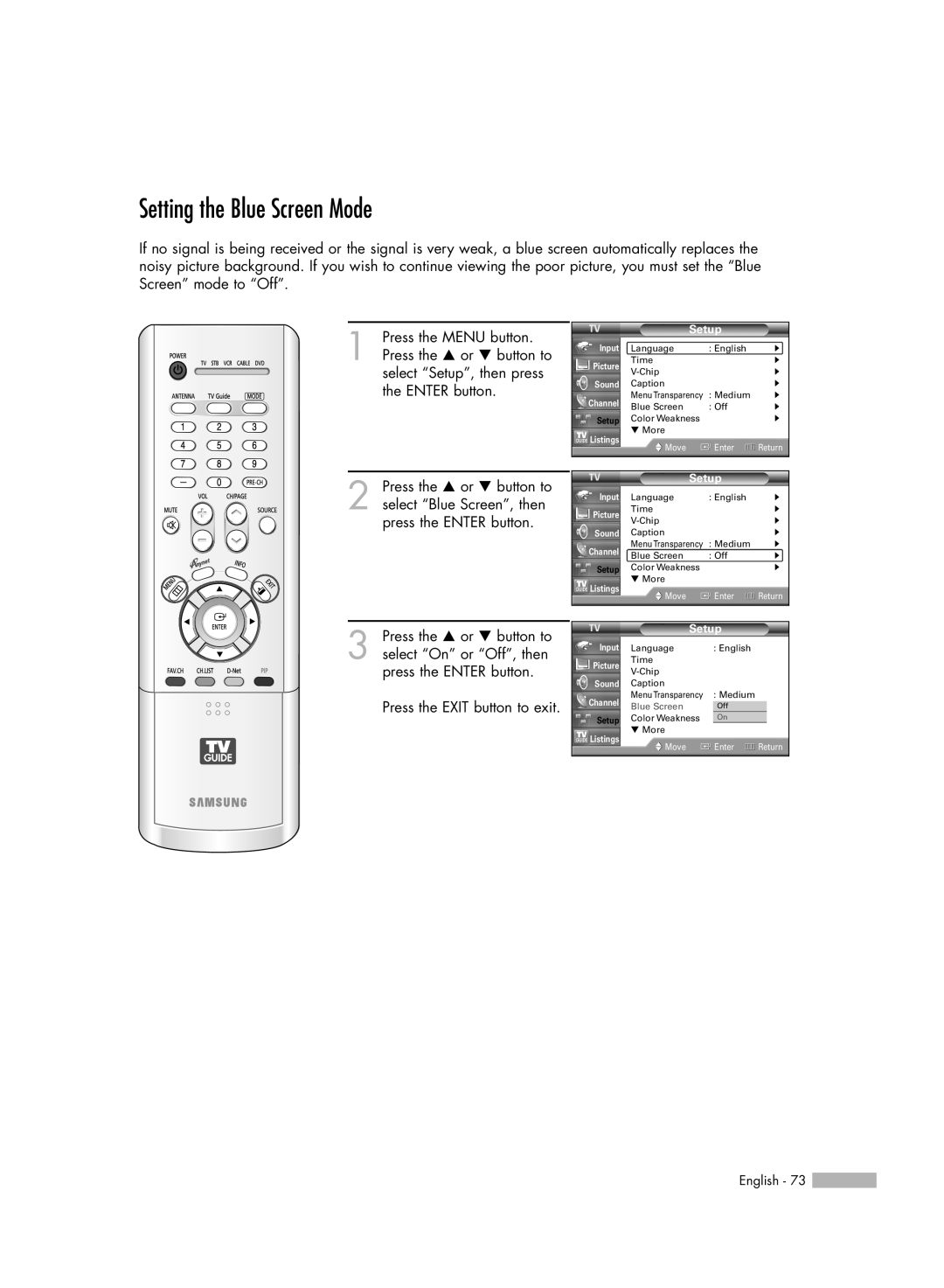Samsung HL-R5688W manual Setting the Blue Screen Mode 