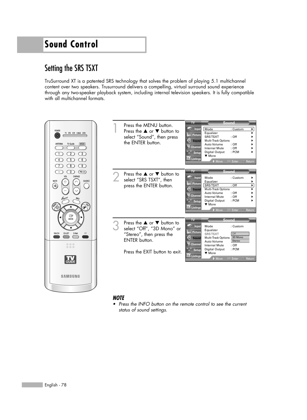 Samsung HL-R5688W manual Setting the SRS TSXT, Sound Control, Srs Tsxt 