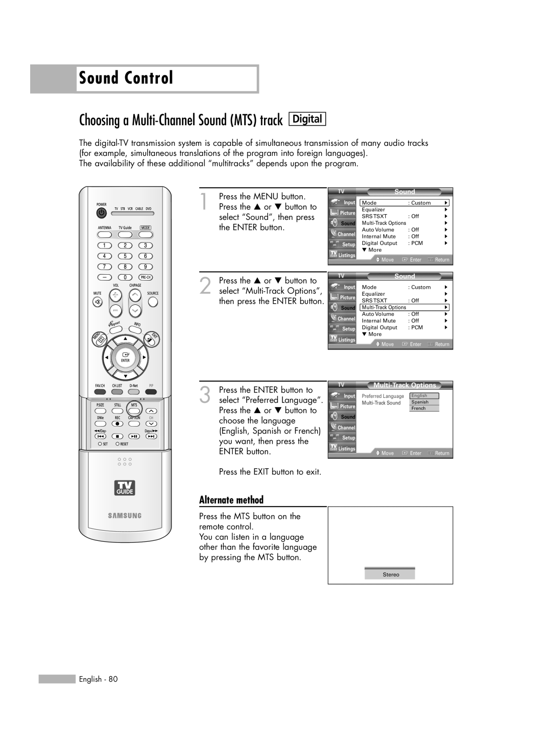 Samsung HL-R5688W Choosing a Multi-Channel Sound MTS track, Sound Control, Digital, Alternate method, Multi-Track Sound 