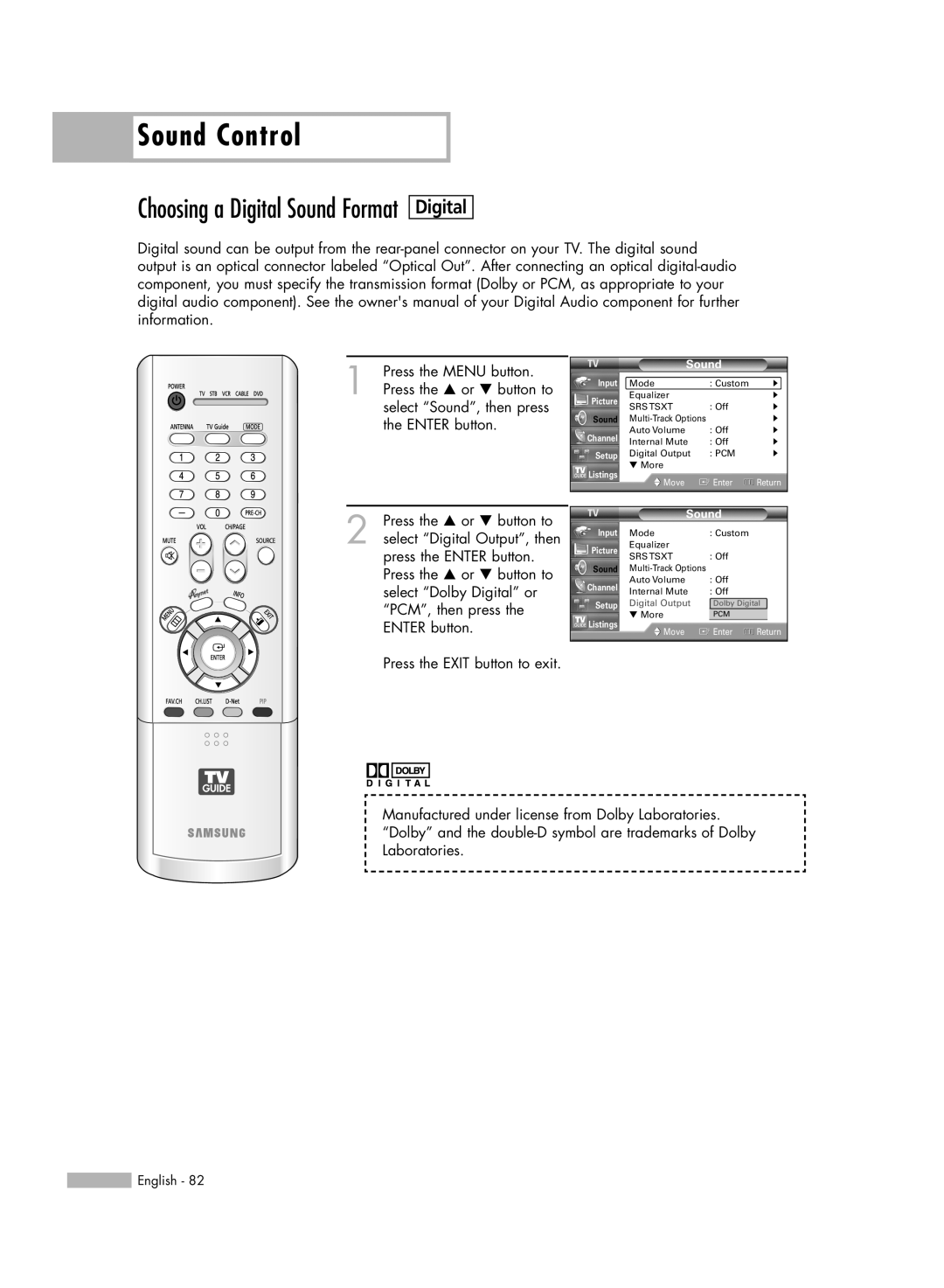 Samsung HL-R5688W manual Choosing a Digital Sound Format, Sound Control, Digital Output 
