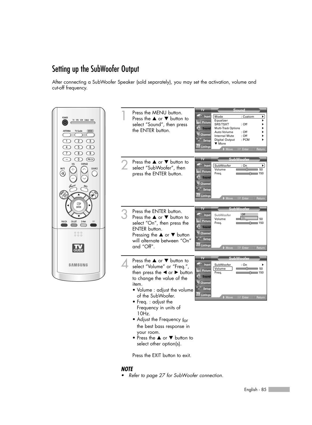 Samsung HL-R5688W manual Setting up the SubWoofer Output, Refer to page 27 for SubWoofer connection 