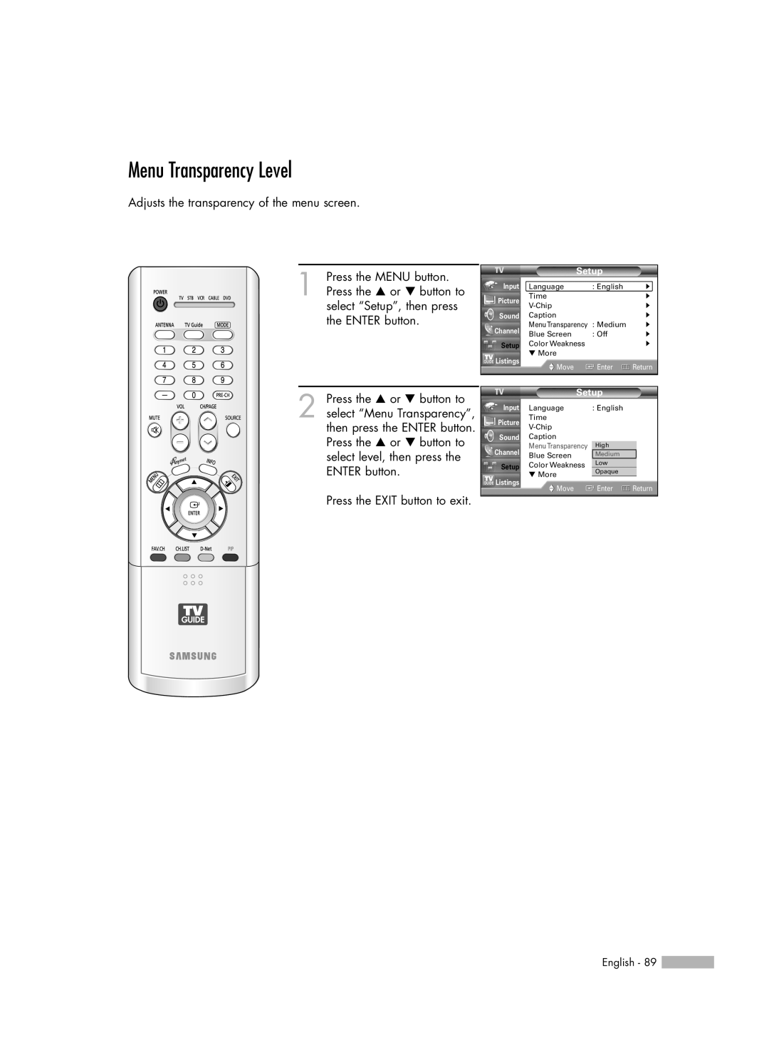 Samsung HL-R5688W manual Menu Transparency Level, Setup, Move, Enter, Return 