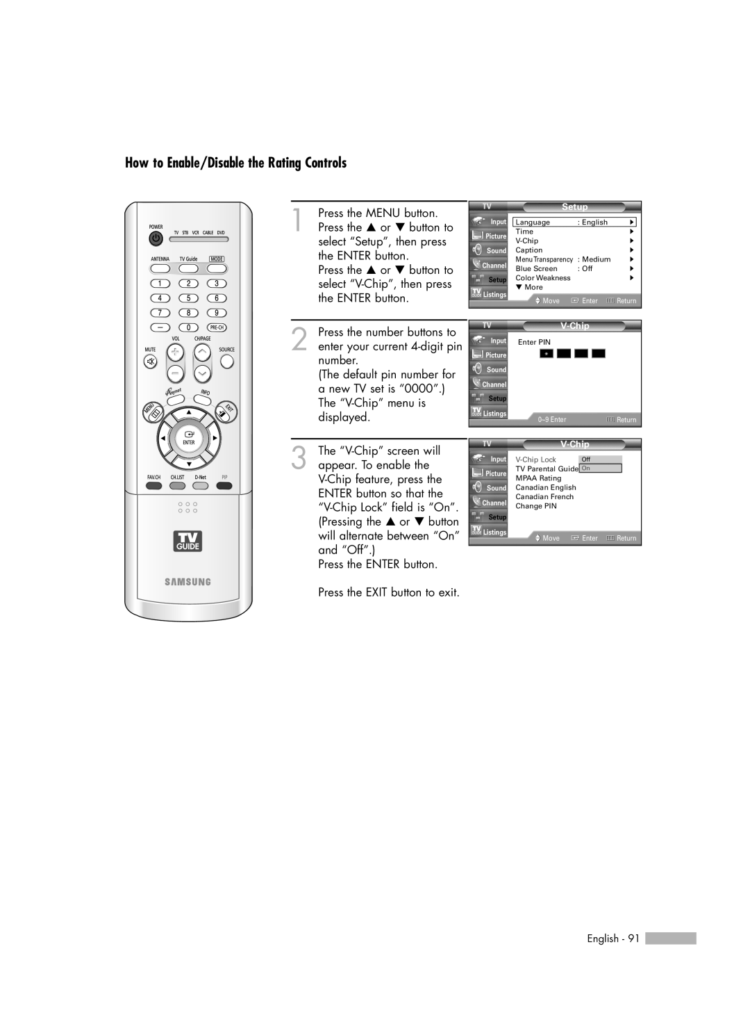 Samsung HL-R5688W manual How to Enable/Disable the Rating Controls, V-Chip Lock 